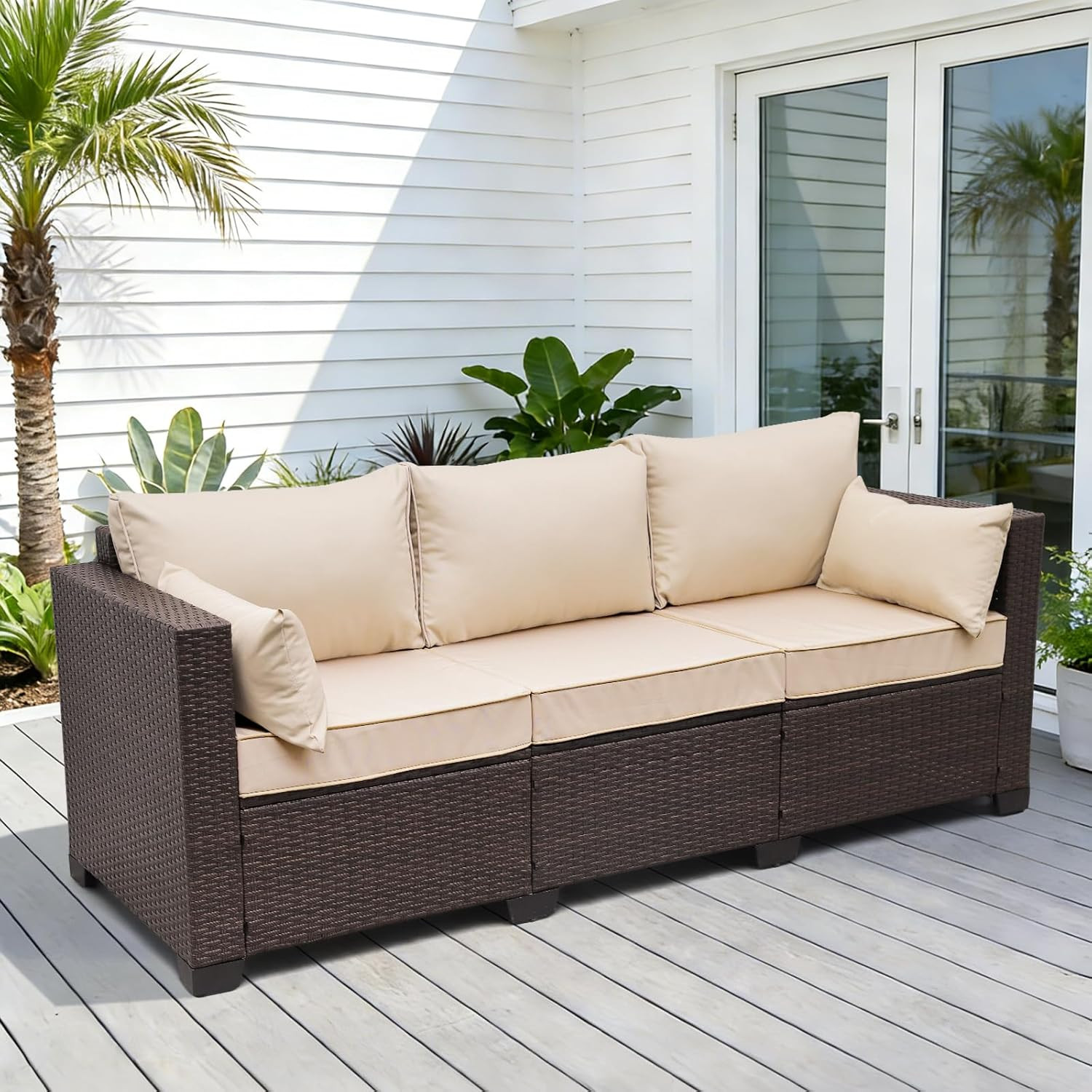 WAROOM Patio Couch PE Rattan 3-Seat Outdoor Sofa Brown Wicker Furniture Set Deep