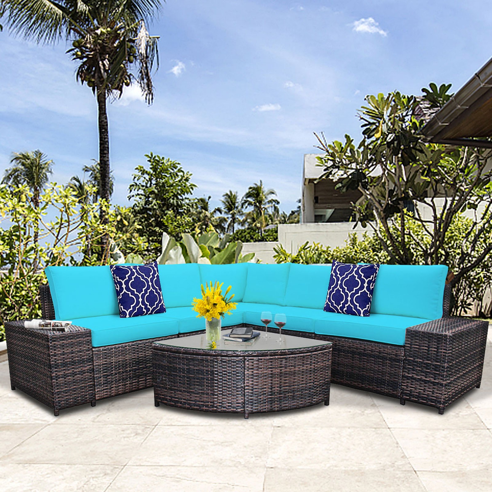 6PCS Wicker Furniture Sectional Sofa Set w/ Cushions Turquoise