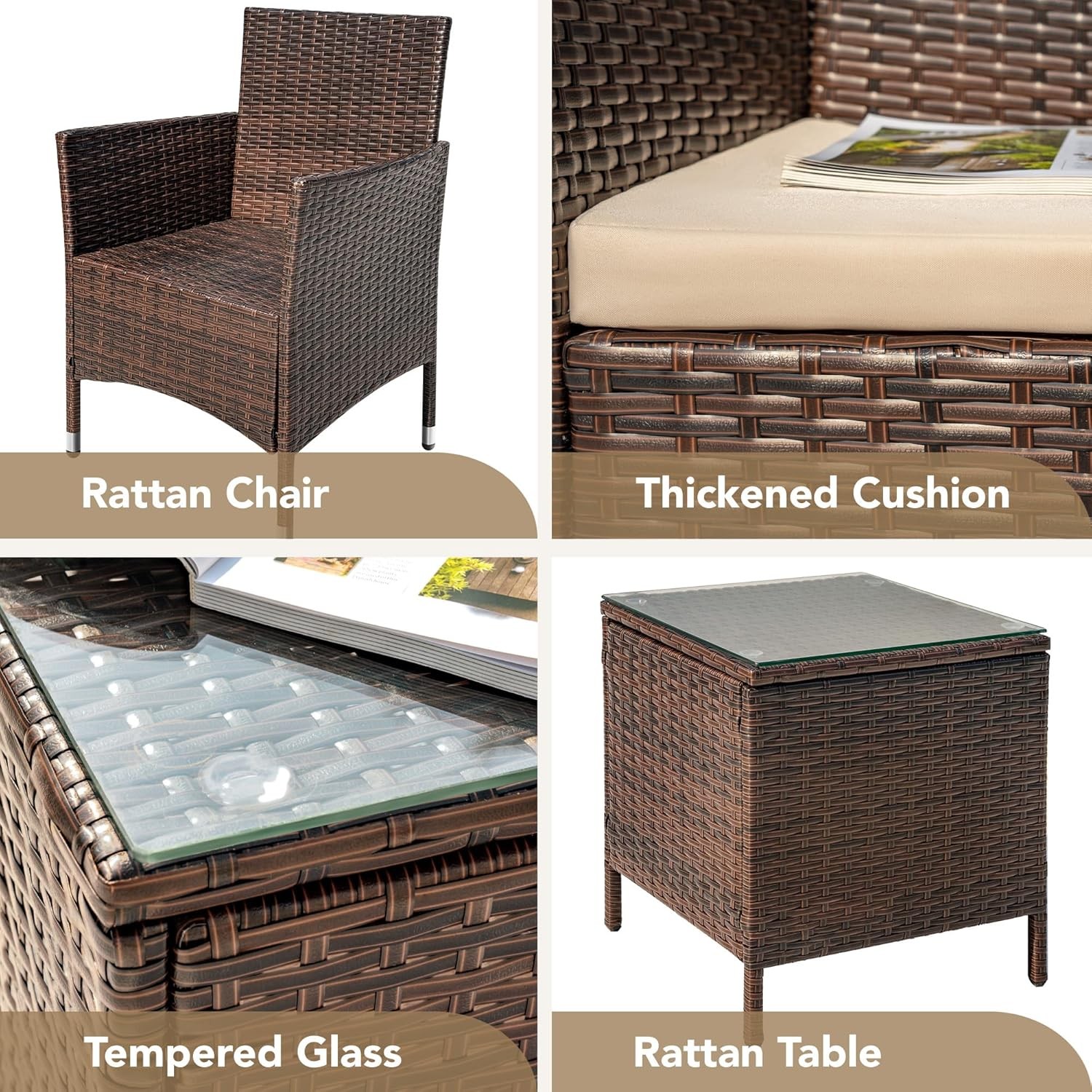 Devoko Patio Porch Furniture Sets 3 Pieces PE Rattan Wicker Chairs with Table Ou