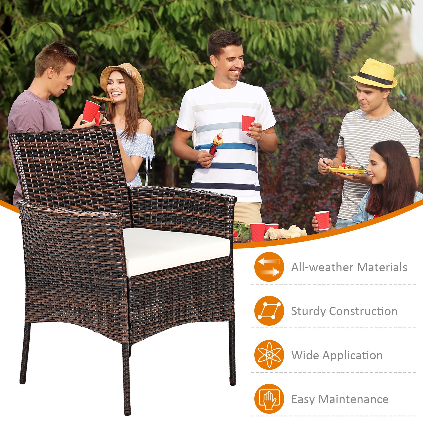Patiojoy 2 PCS Patio Rattan Arm Dining Chair Cushioned Sofa Furniture Brown