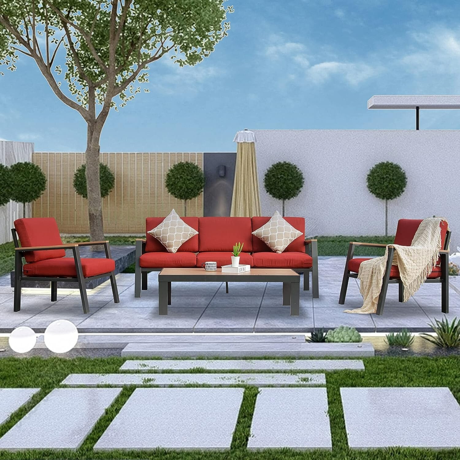 Patio(4-piece) with hand-woven rattan Aluminum frame (5 seats in Red)