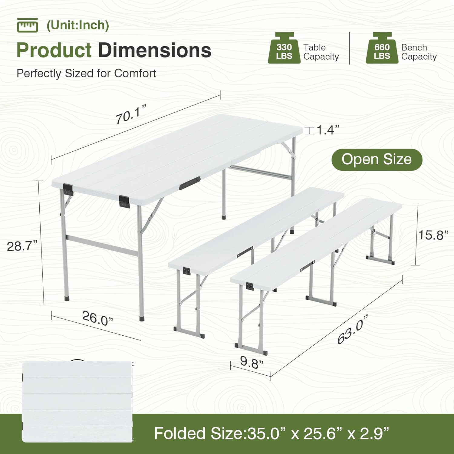 Picnic Table Set with 2 Benches,6 Feet Folding Camping Table Chair Set with Wood