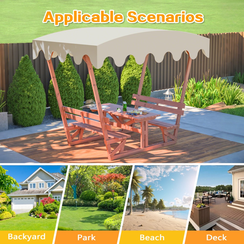All-Weather Solid Wood Picnic Table Set with Removable Canopy & Benches Gardens