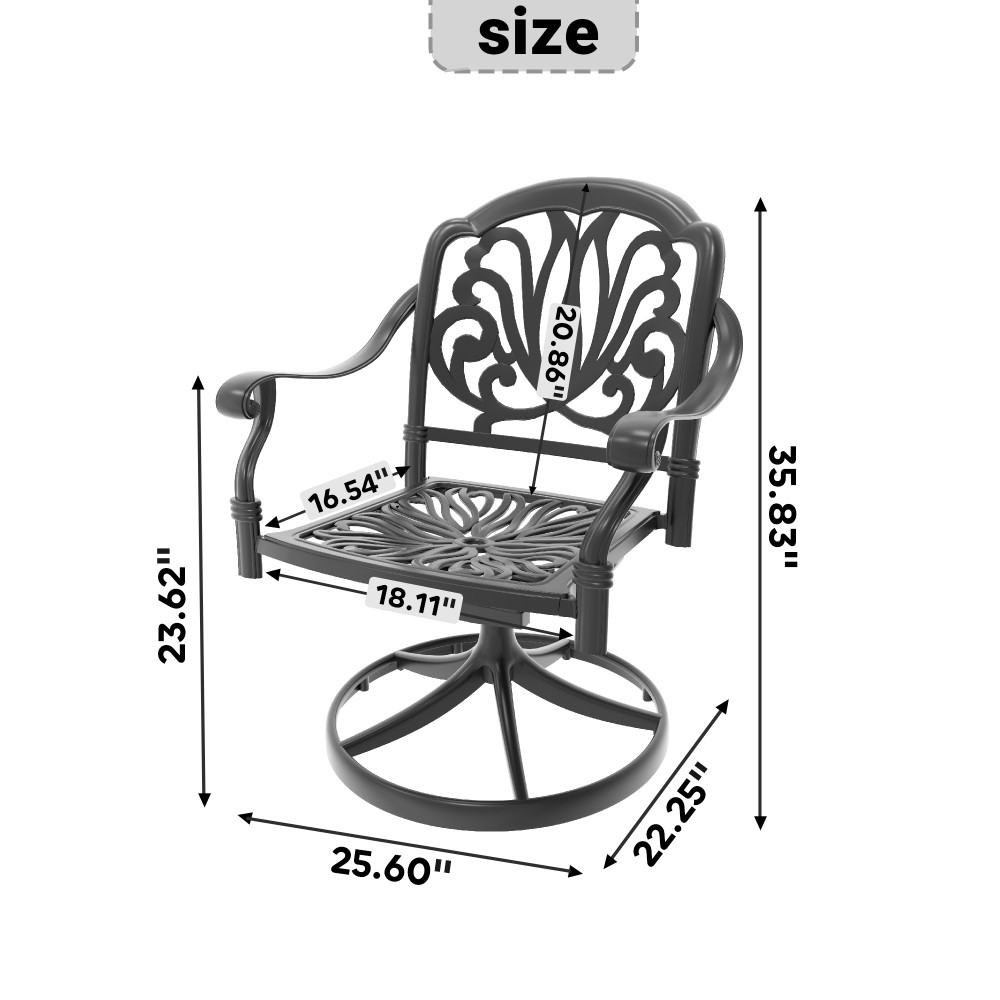2 Pcs Cast Aluminum Swivel Patio Chairs – Black Frame & Brown Cushions