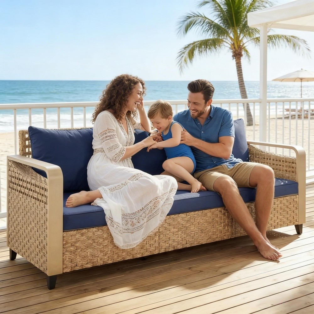 Outdoor Rattan Wicker Sofa 70.9″ Seat Brown Dark Blue Cushions
