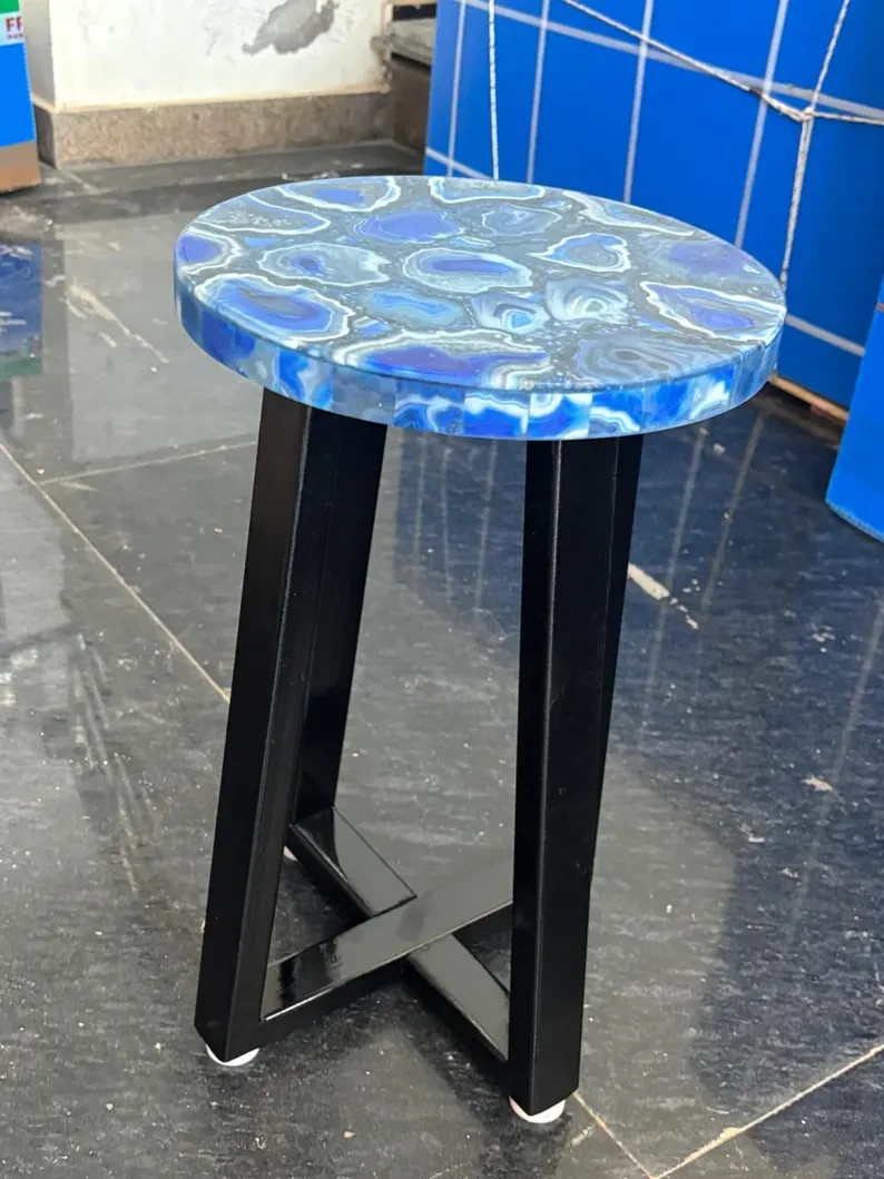Blue Agate Corner Table Top – Natural Stone Luxury Side Table, Handmade Gemstone