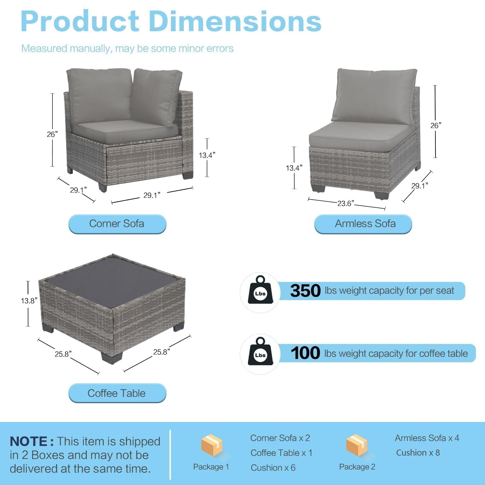 MOCHITO 7-Piece Outdoor Rattan Sectional Sofa Patio Furniture Set Gray Cushion