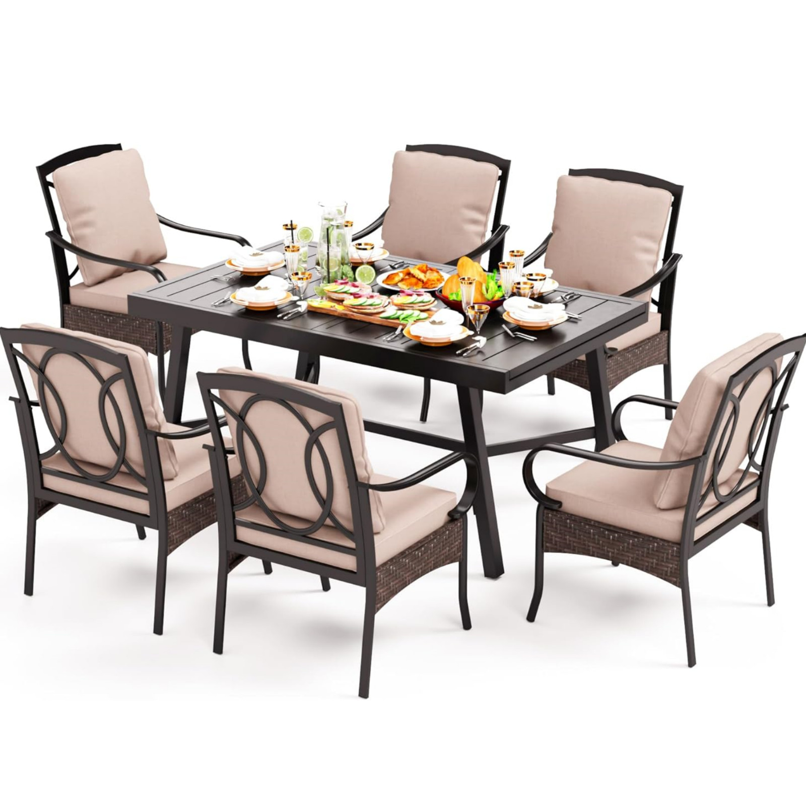 7 Pcs Patio Dining Set Rattan Wicker Dining Chair & Extra Metal Extendable Table