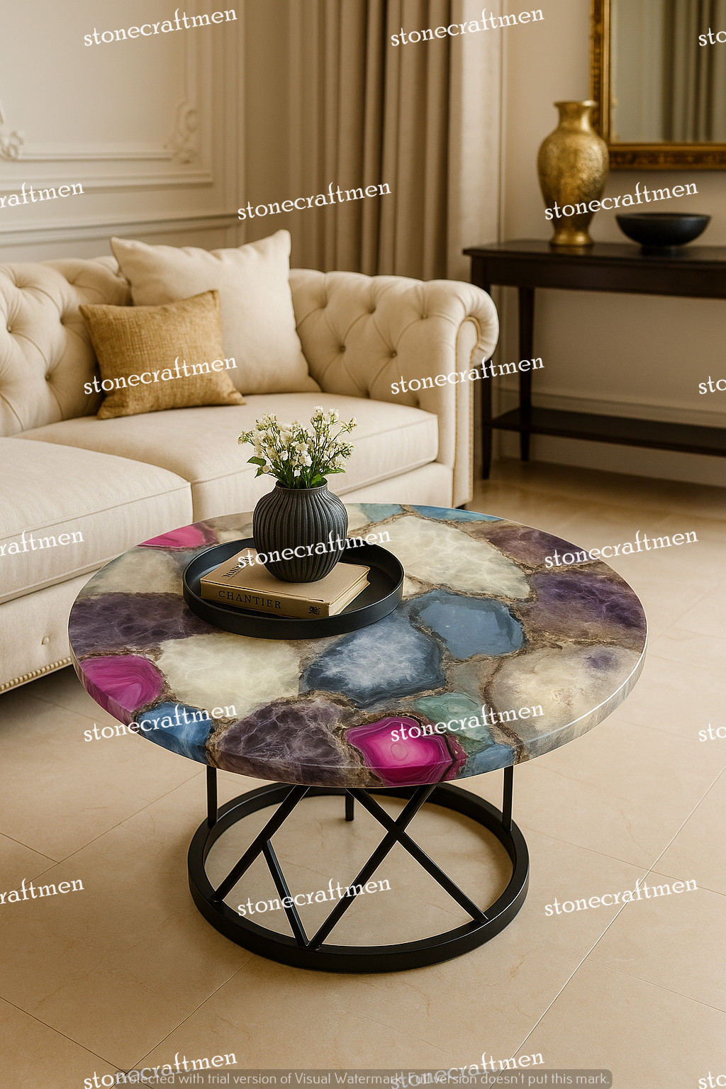 Mix Agate Coffee Table Top | Handmade Gemstone Inlay Luxury Stone Furniture