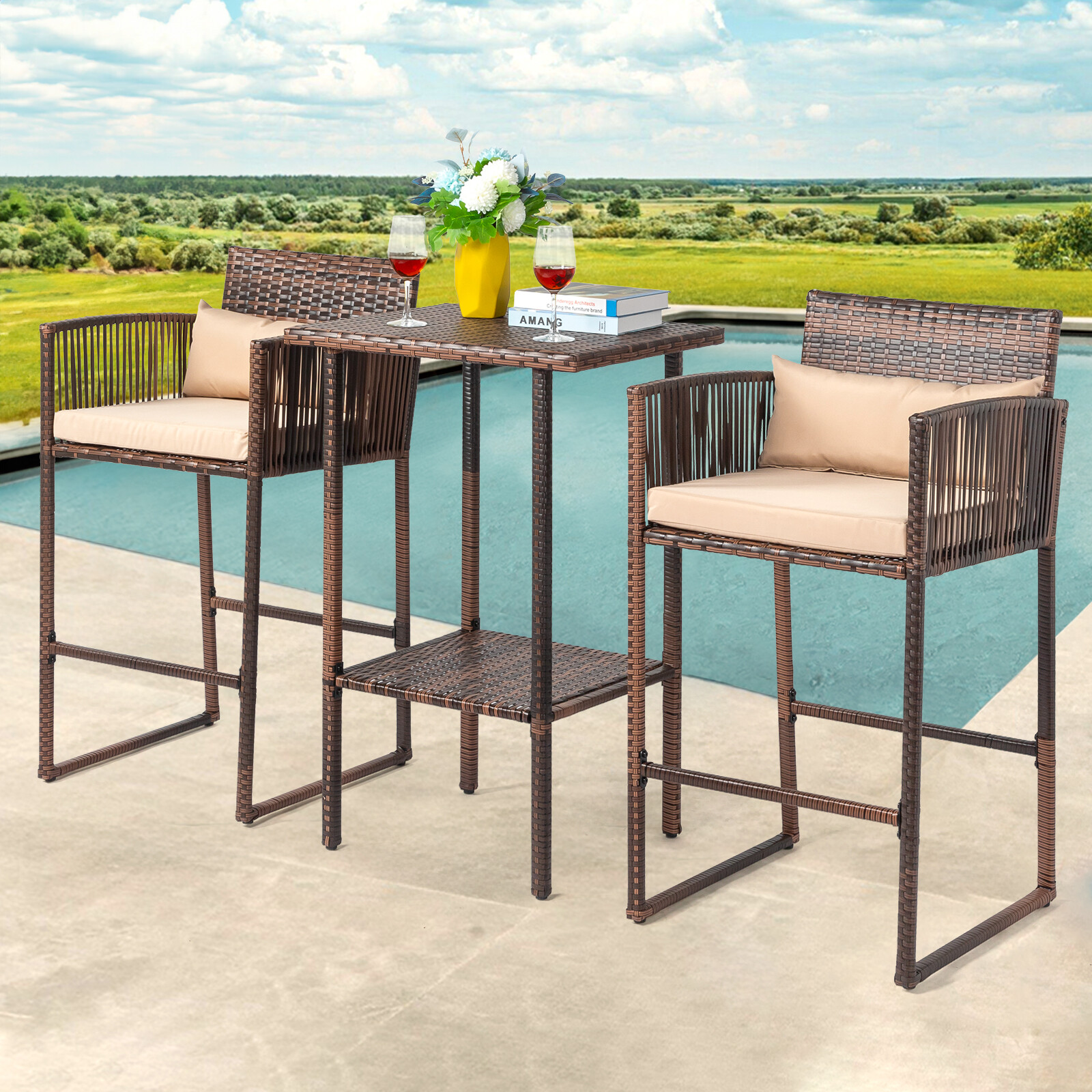 Bar Height Bistro Table Set for 2 People, High Top Wicker Bar Stools & Table