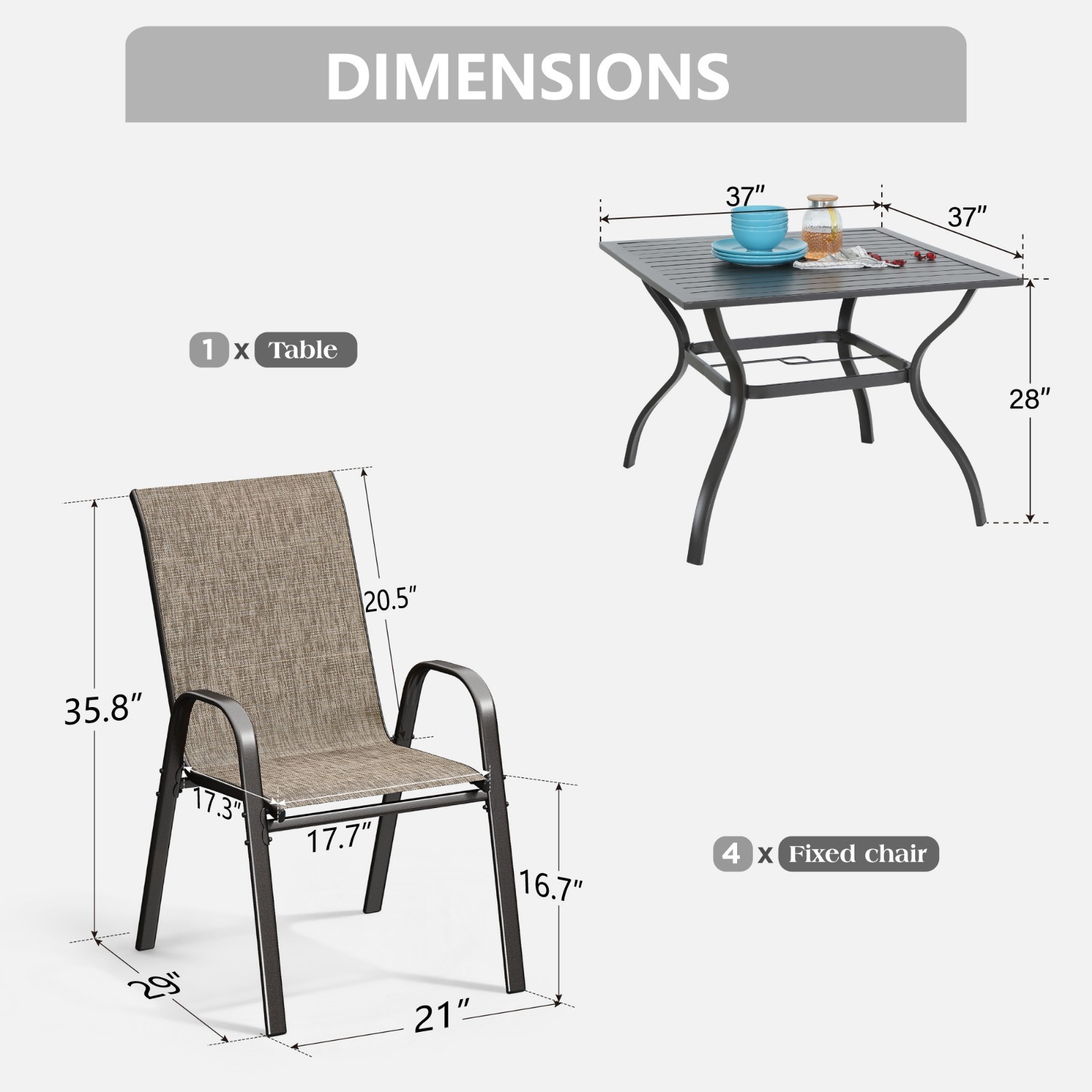 5 Piece Outdoor Dining Set Stackable Patio Chair Square Table with Umbrella Hole