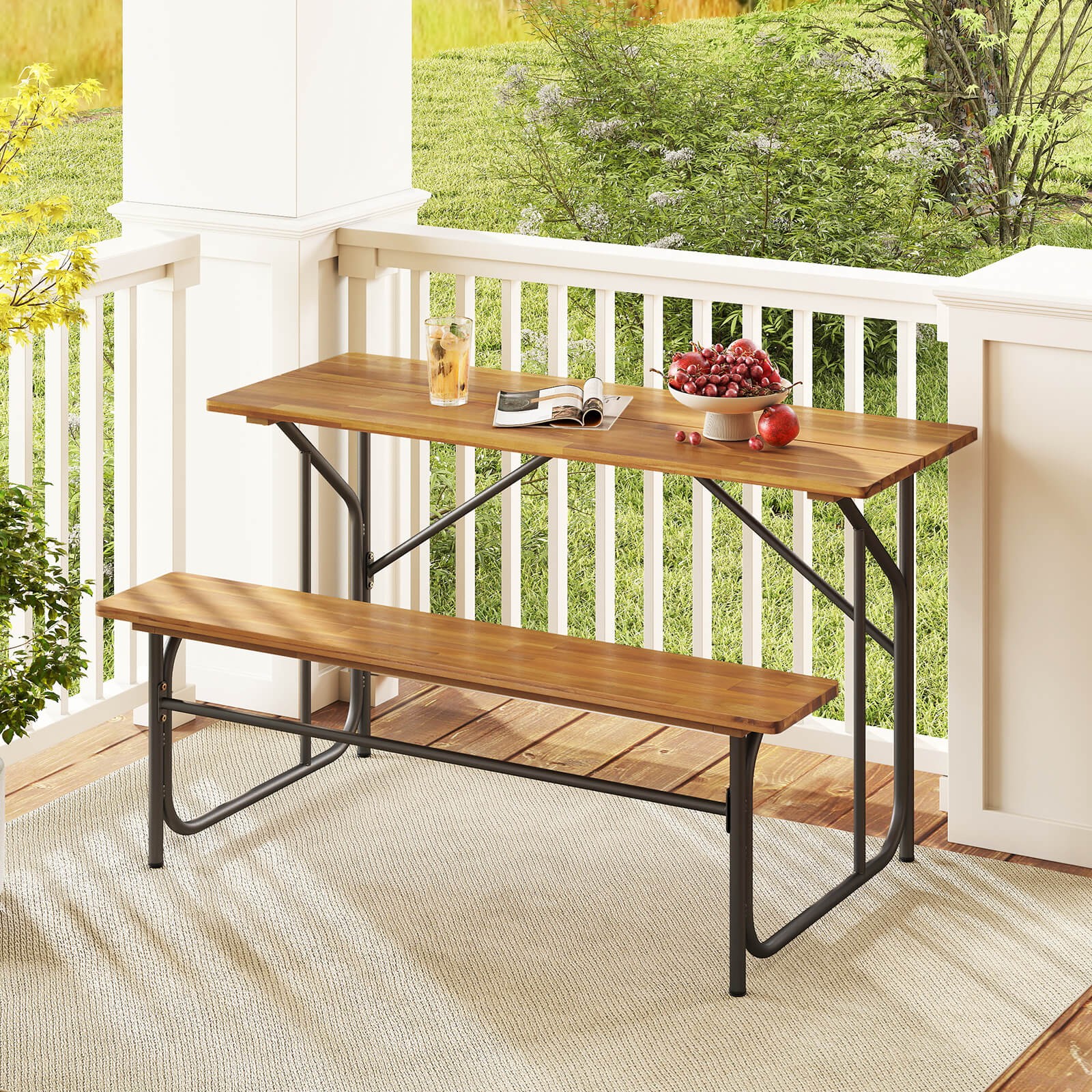 Patio Table Bench Set for 2 Picnic Table & Loveseat w/Acacia Wood Top Metal Legs