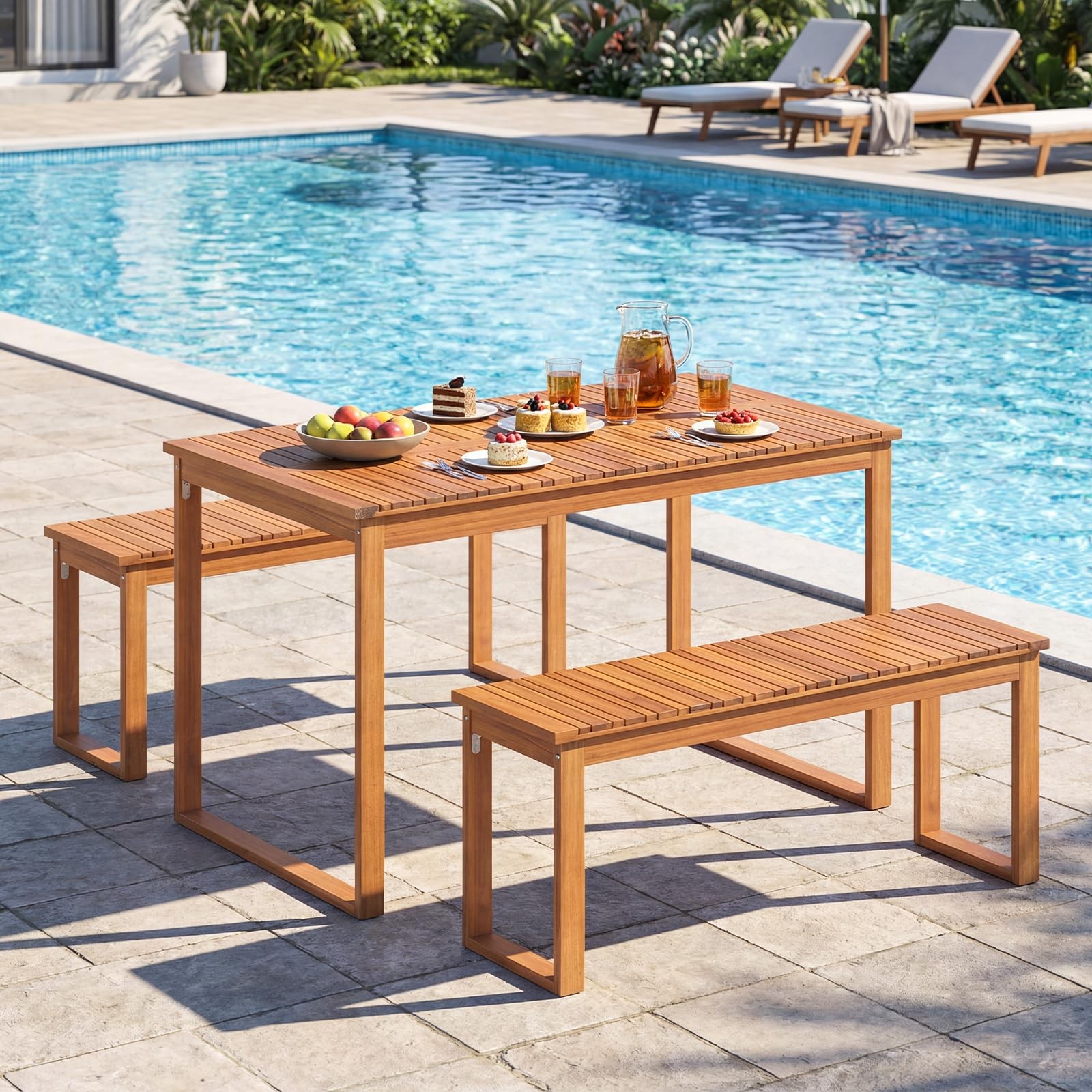Tangkula 3 Pieces Patio Wooden Dining Set, Acacia Wood Rectangular Picnic Bee…