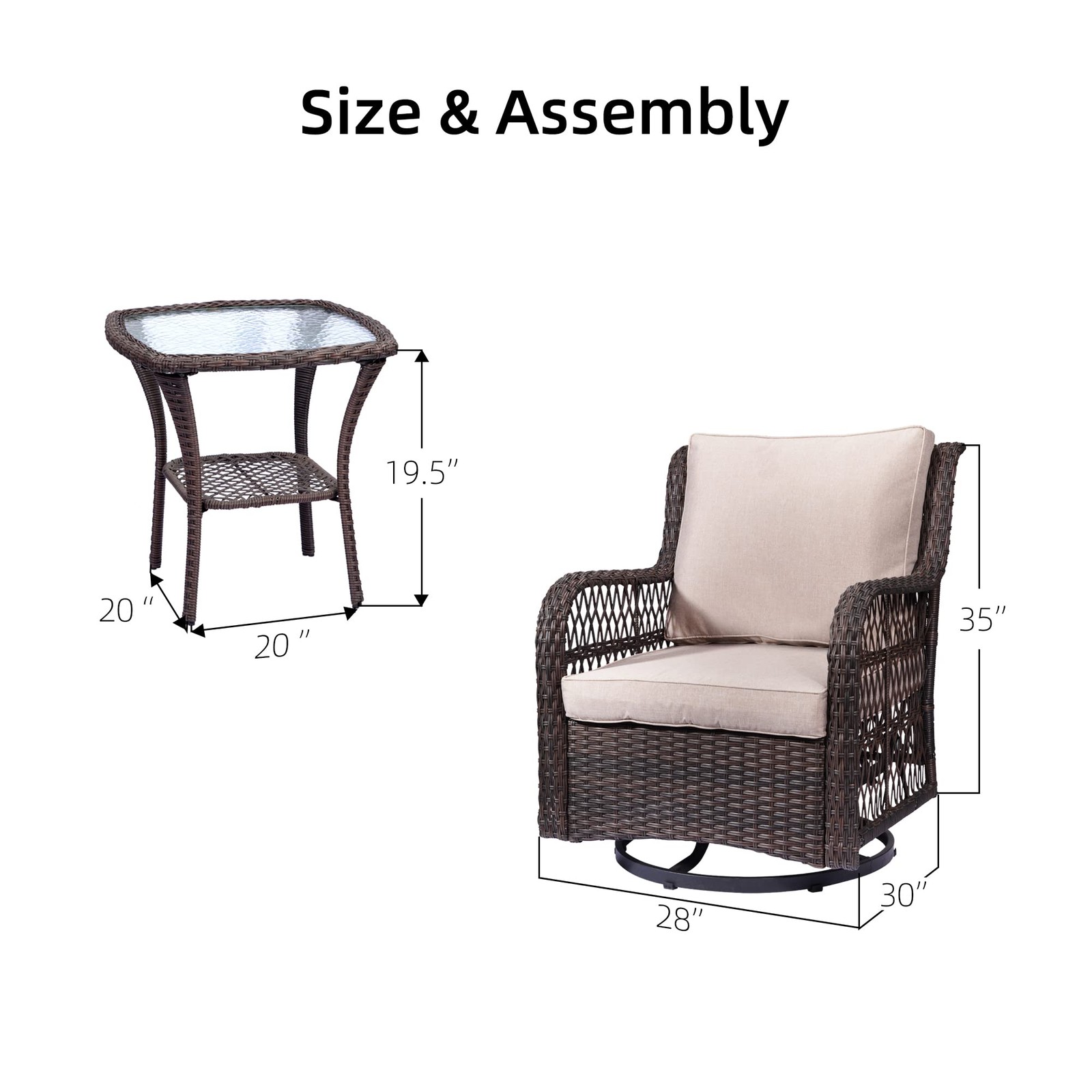 Tempered Glass Table Wicker Rotating Rocking Chair Set for Courtyard
