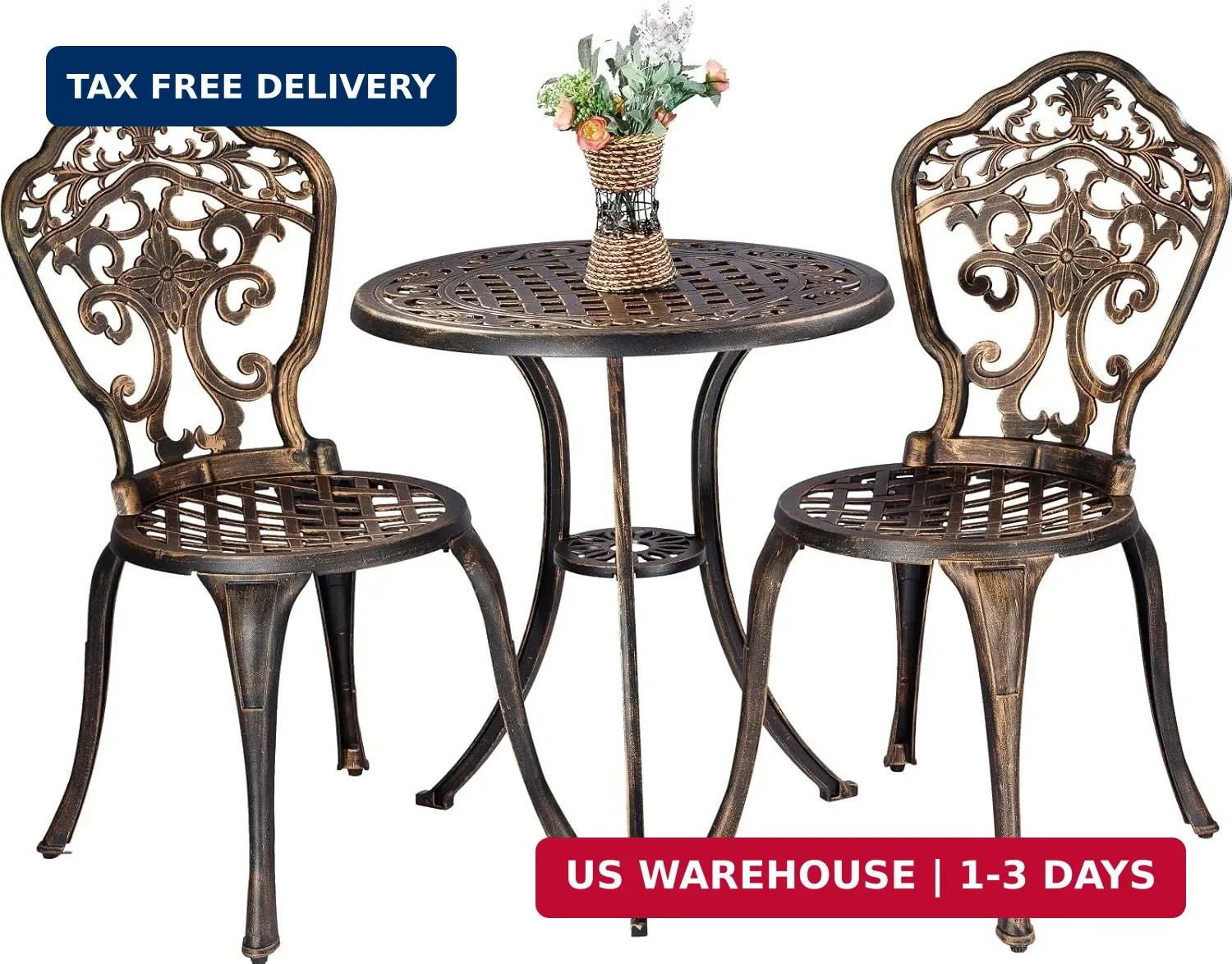 Bistro Set 3 Piece Rustproof Cast Aluminum Patio Furniture Sets 2 Chairs and 1 R