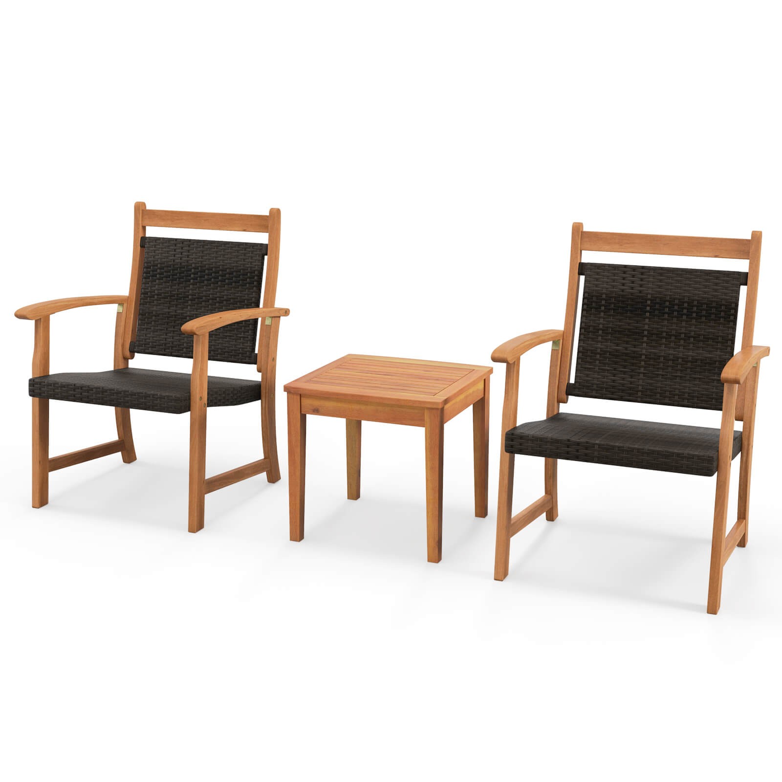 Patiojoy Patio 3PCS Rattan Bistro Set Acacia Wood Frame Armrest Chairs Garden