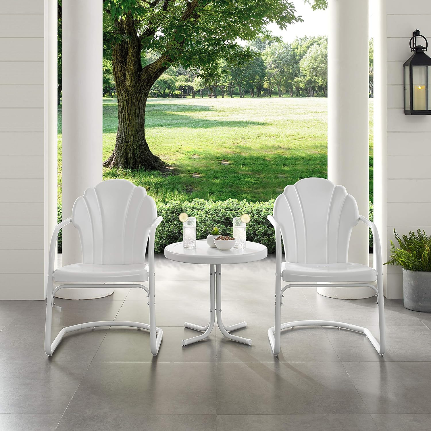 Retro 3-Piece Tulip Outdoor Chair and Side Table Set in White
