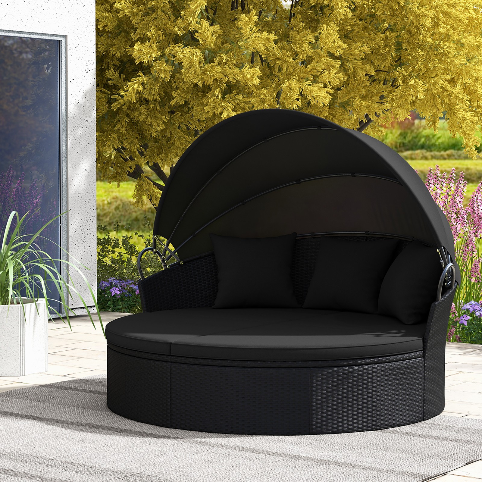 Patio Round Daybed Wicker Daybed w/ Retractable Canopy Separated Seating