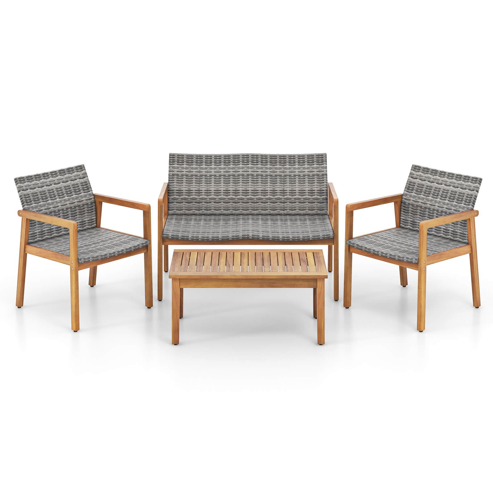 4 Pieces Outdoor Furniture Set, Acacia Wood Frame Sofa Set w/ Rattan Seat