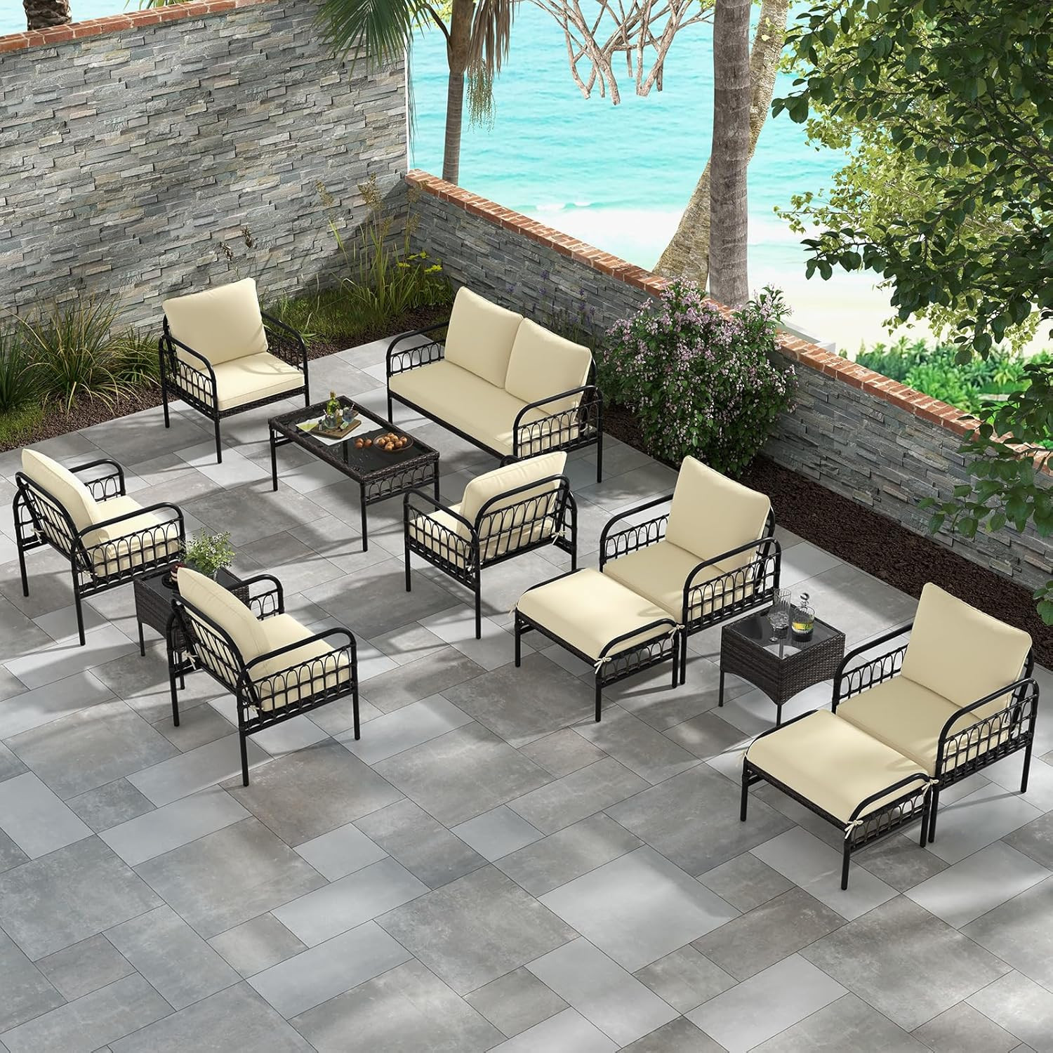 Beige 4-Piece Wicker Patio Set with Cushions & Glass Table for Outdoor Comfort