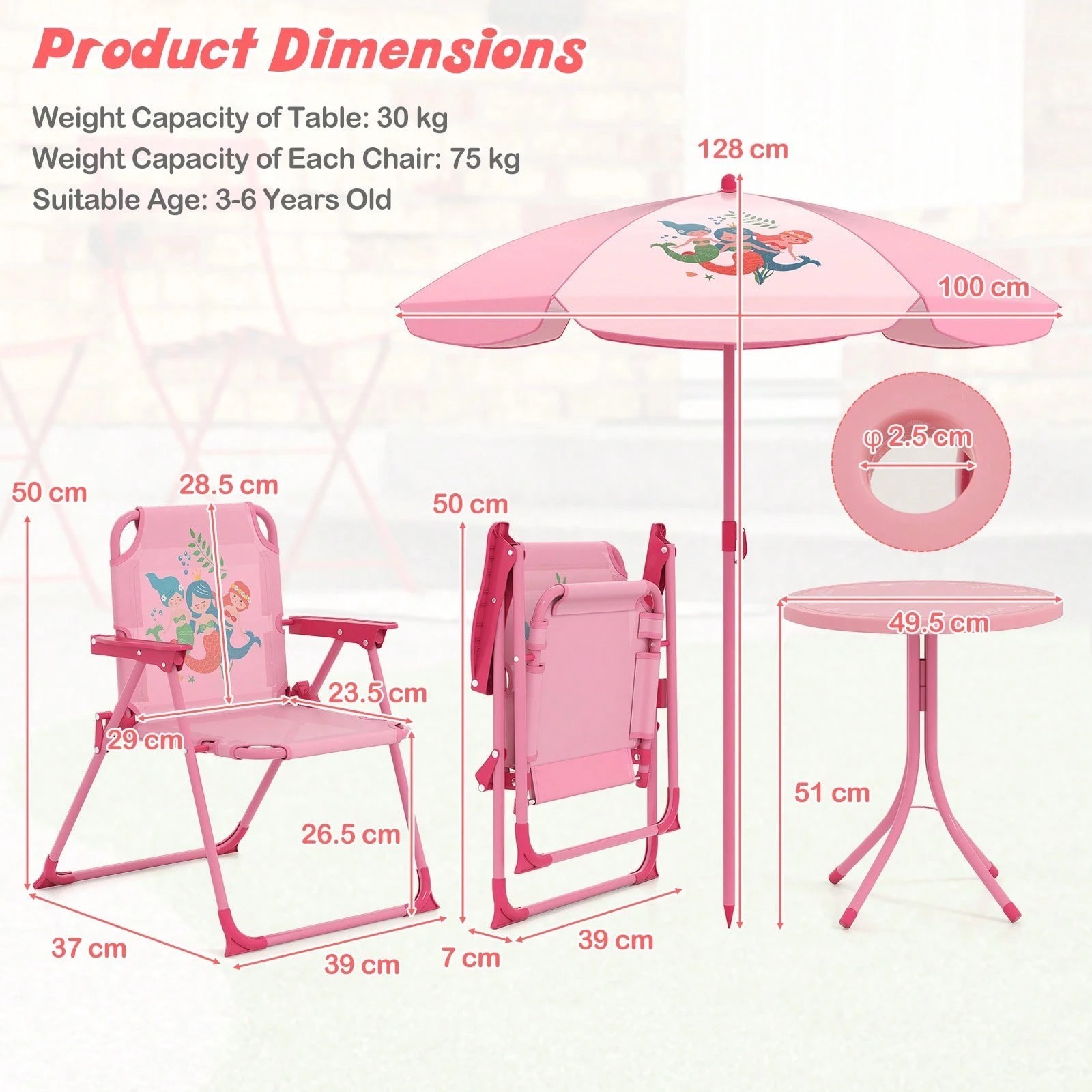 Kids Patio Picnic Table 2 Folding Chairs Set w/ Umbrella Toddlers Pink Mermaid
