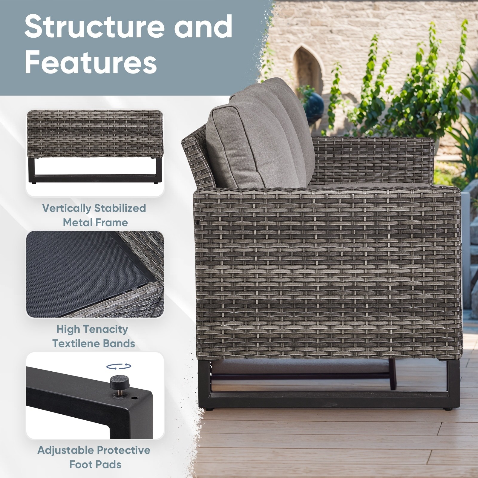 Outdoor 3-Seat Patio Wicker Sofa Grey – Grey