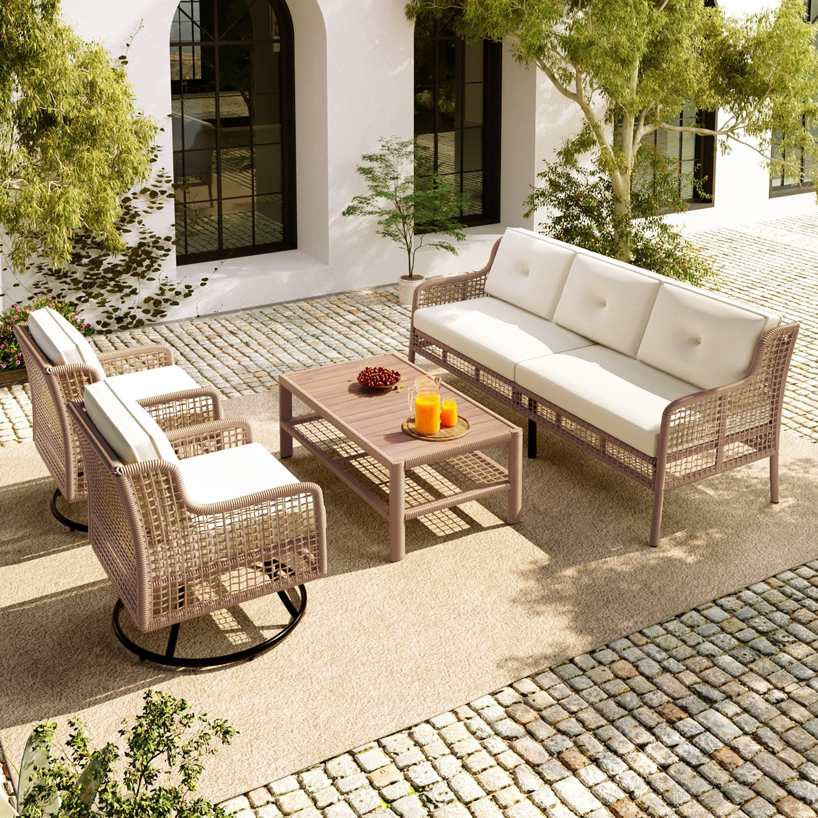 5-Piece Patio Furniture Set with Swivel Chairs, Beige Wicker Sectional Sofa
