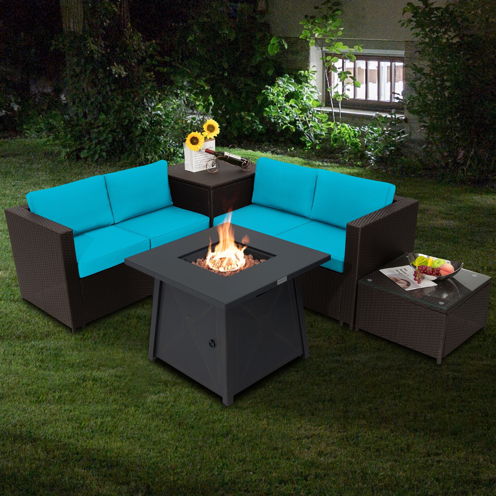 Patiojoy 5PCS Patio Rattan Furniture Set w/ 50,000 BTU Gas Fire Pit Turquoise