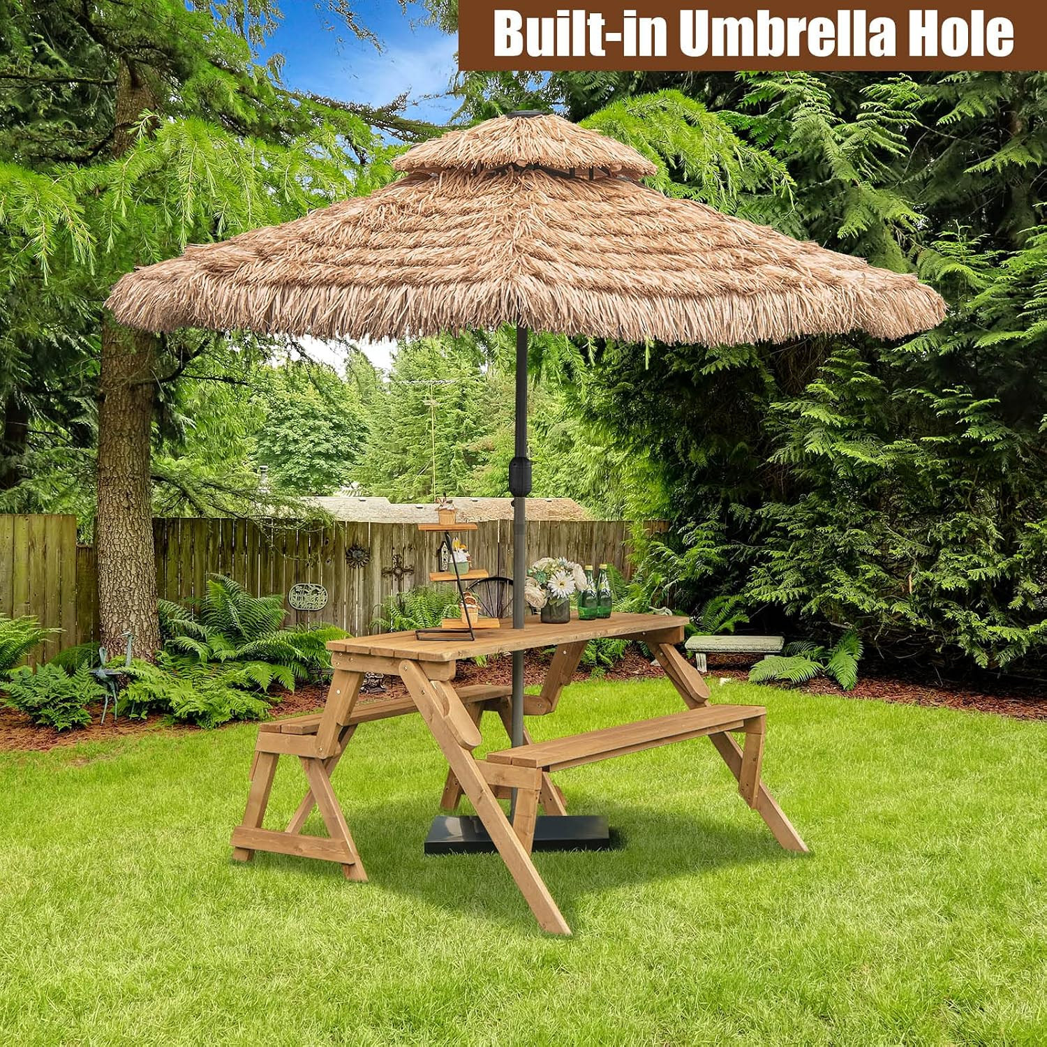 Wooden Picnic Table Set, 2 In-1 Folding Picnic Bench Set Transforming Interchang