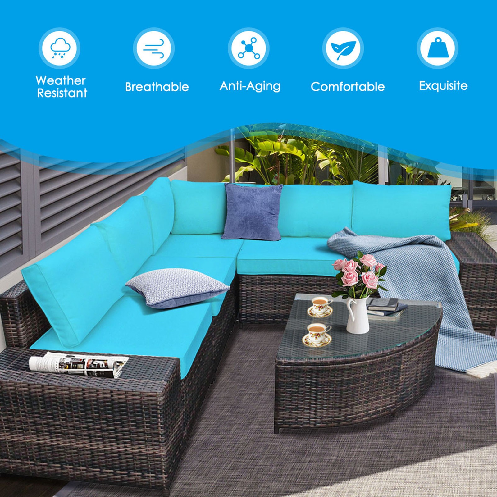 6PCS Wicker Furniture Sectional Sofa Set w/ Cushions Turquoise