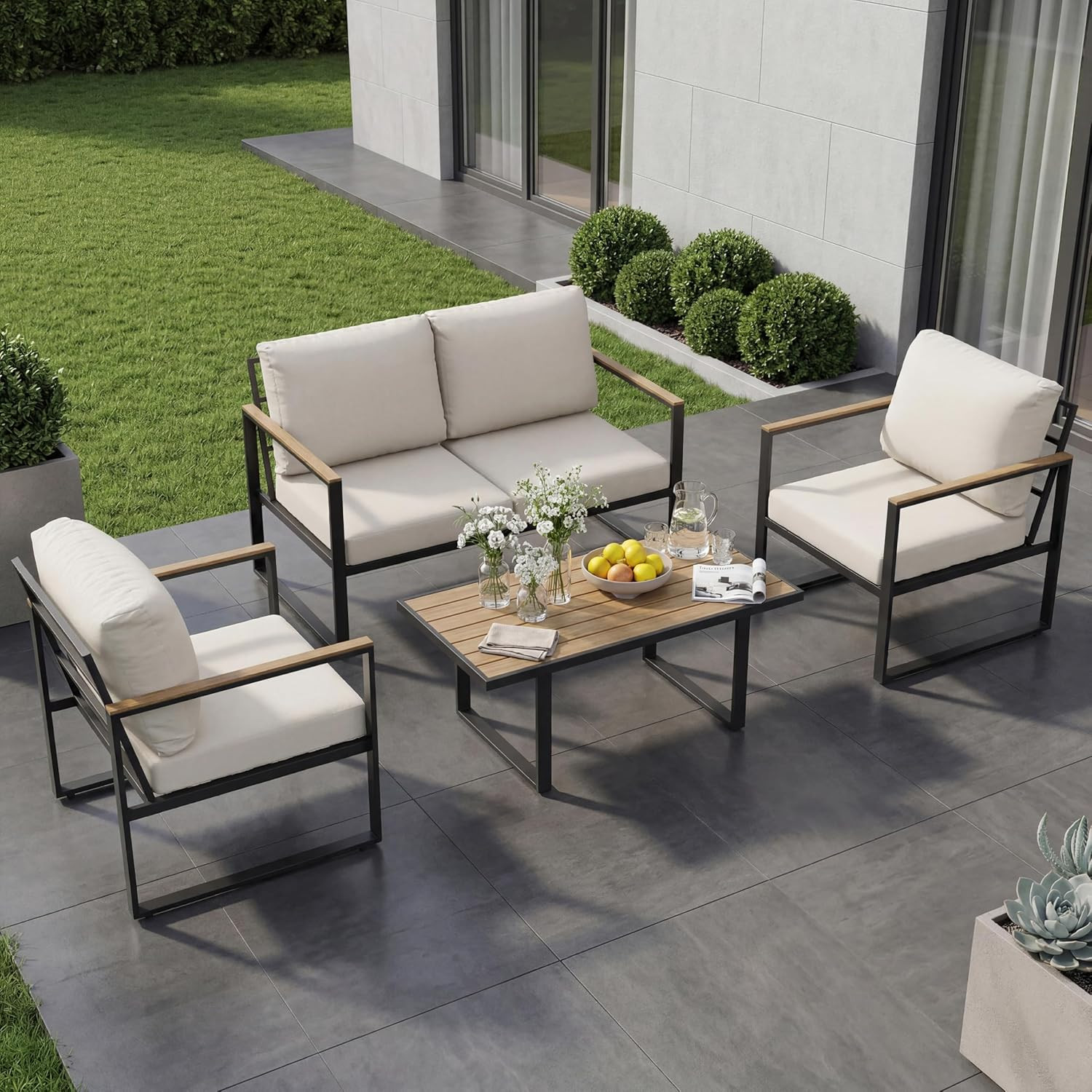 4-Piece Outdoor Patio Furniture Set with Cushions & Coffee Table, Beige
