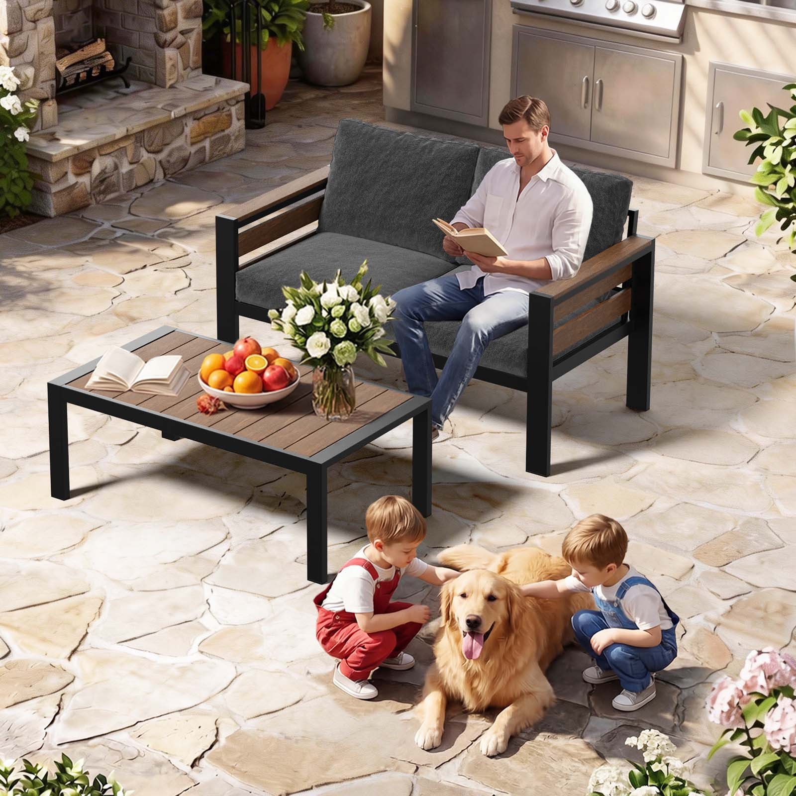 Deluxe Outdoor Living Set Modular Sofa Set Sofa with Coffee Table & Ottomans