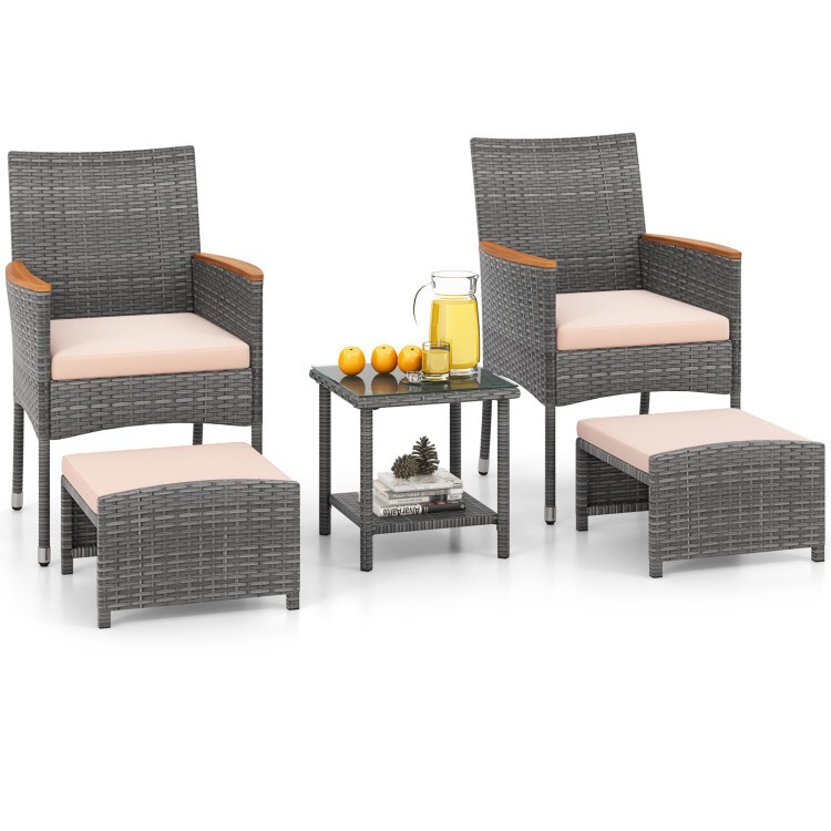 5 Pcs Patio Conversation Set w/ 2 Chair Soft Cushion 2 Tier Side Table 2 Ottoman