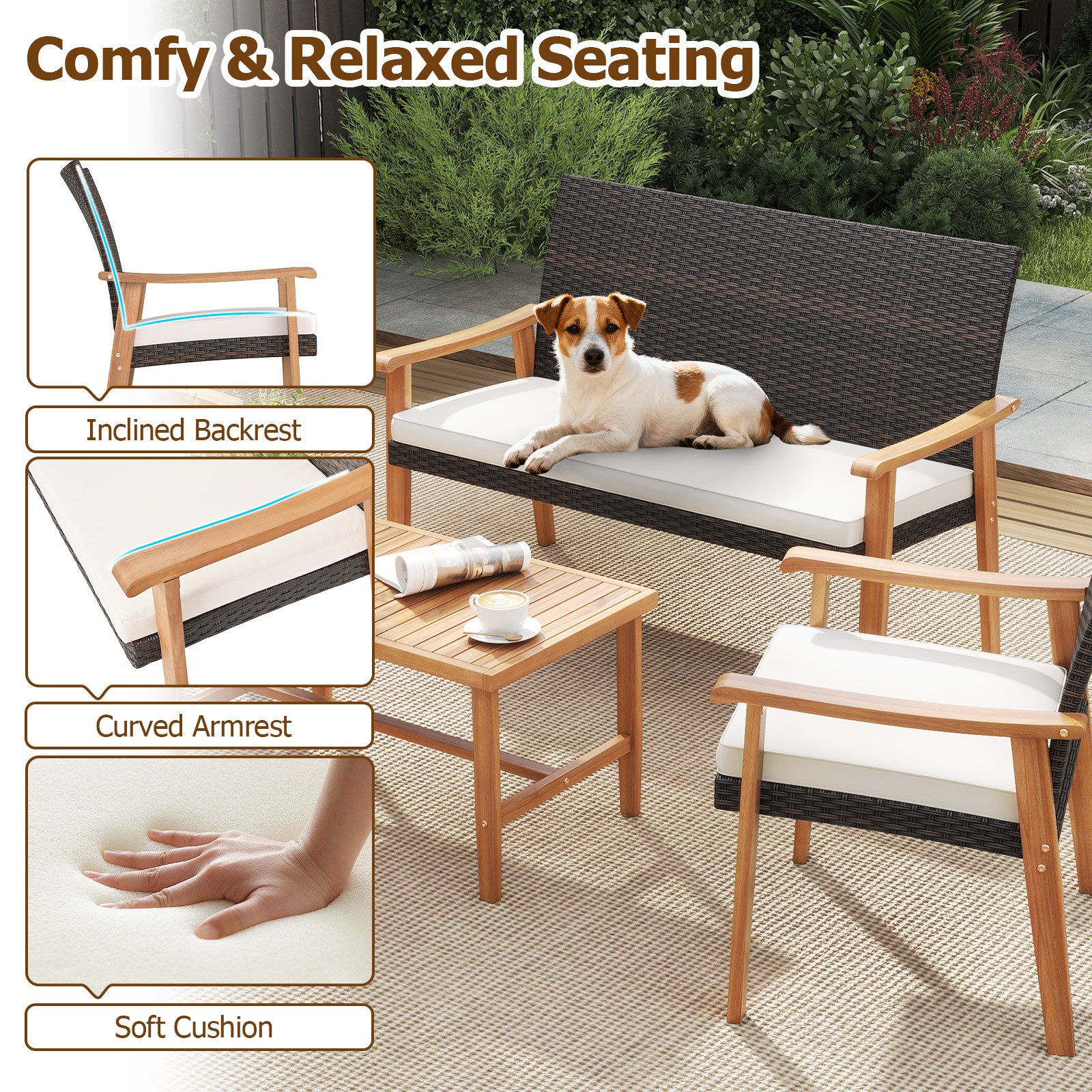 4 OCS Patio Furniture Set w/Acacia Wood Coffee Table & Soft Cushions for Garden