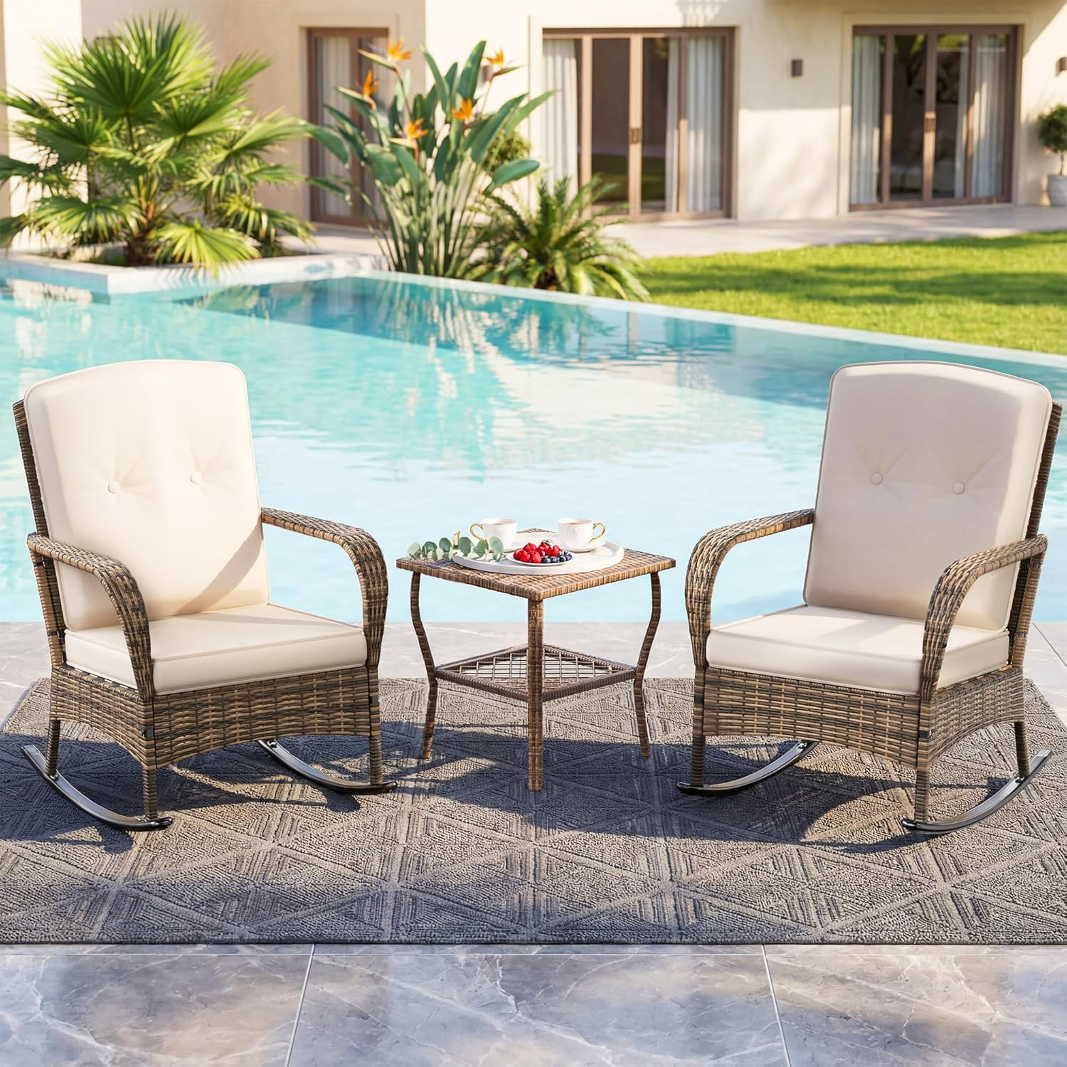 3 Pieces Rocking Bistro Set, Wicker Outdoor Rocking Chair with Washable Cushions