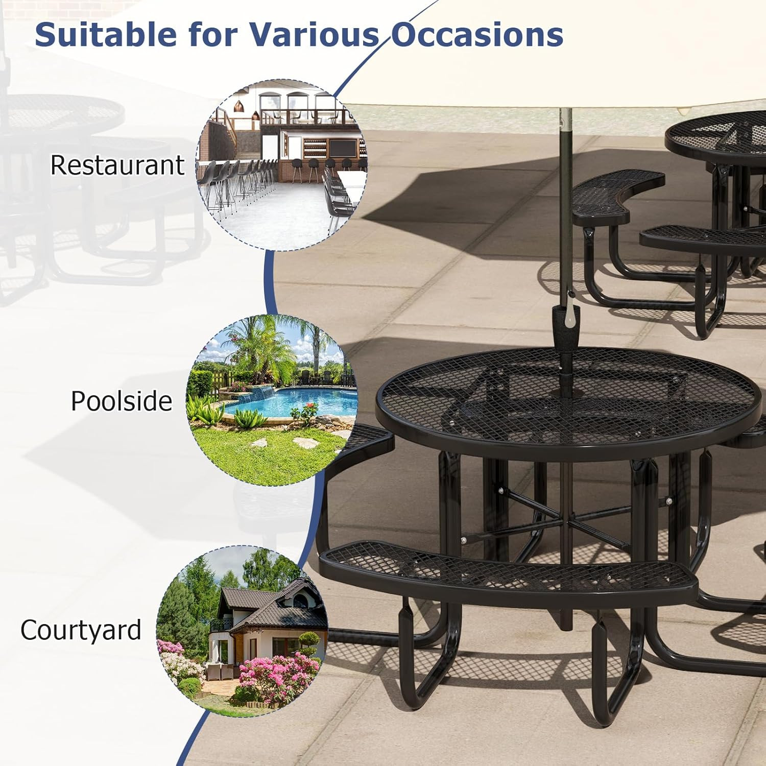 round Picnic Table Set for 8 Persons, 45 Inch Outdoor Table and Bench Set with U