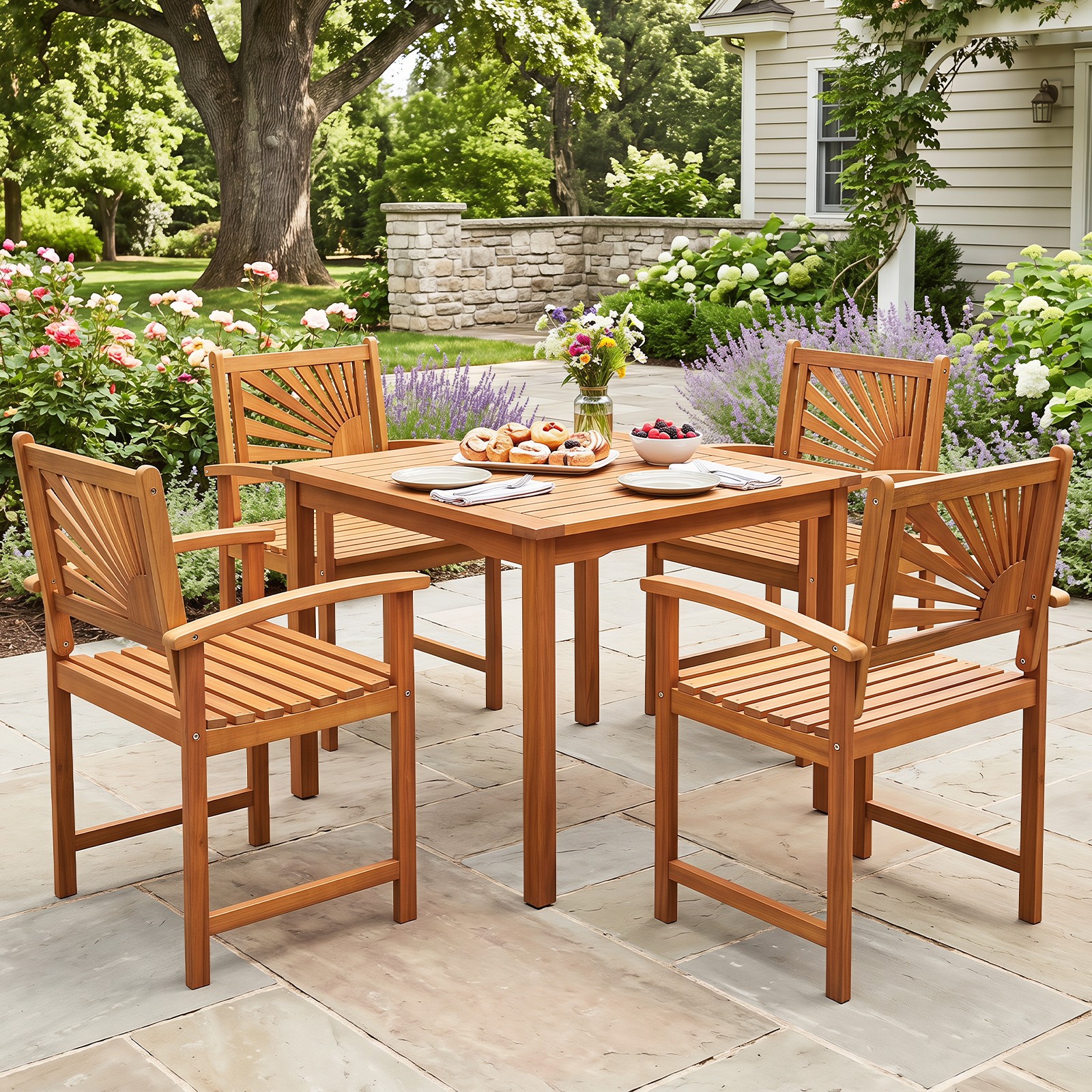 2PCS Outdoor Acacia Wood Dining Chairs, Patio Dining Chairs w/Backrests Armrests