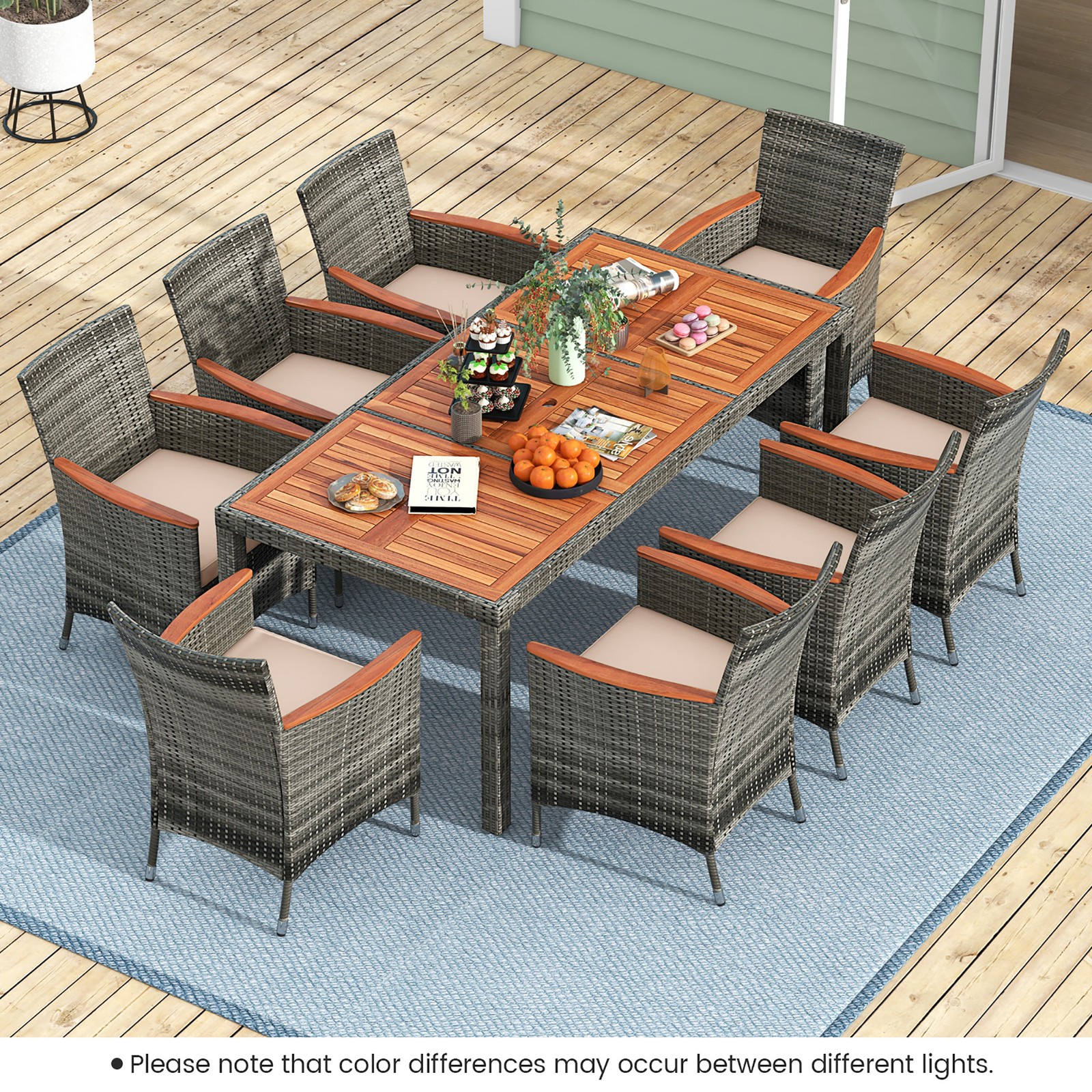 9PCS Outdoor Dining Set Patio Acacia Wood and Rattan Furniture Set w/ Cushions