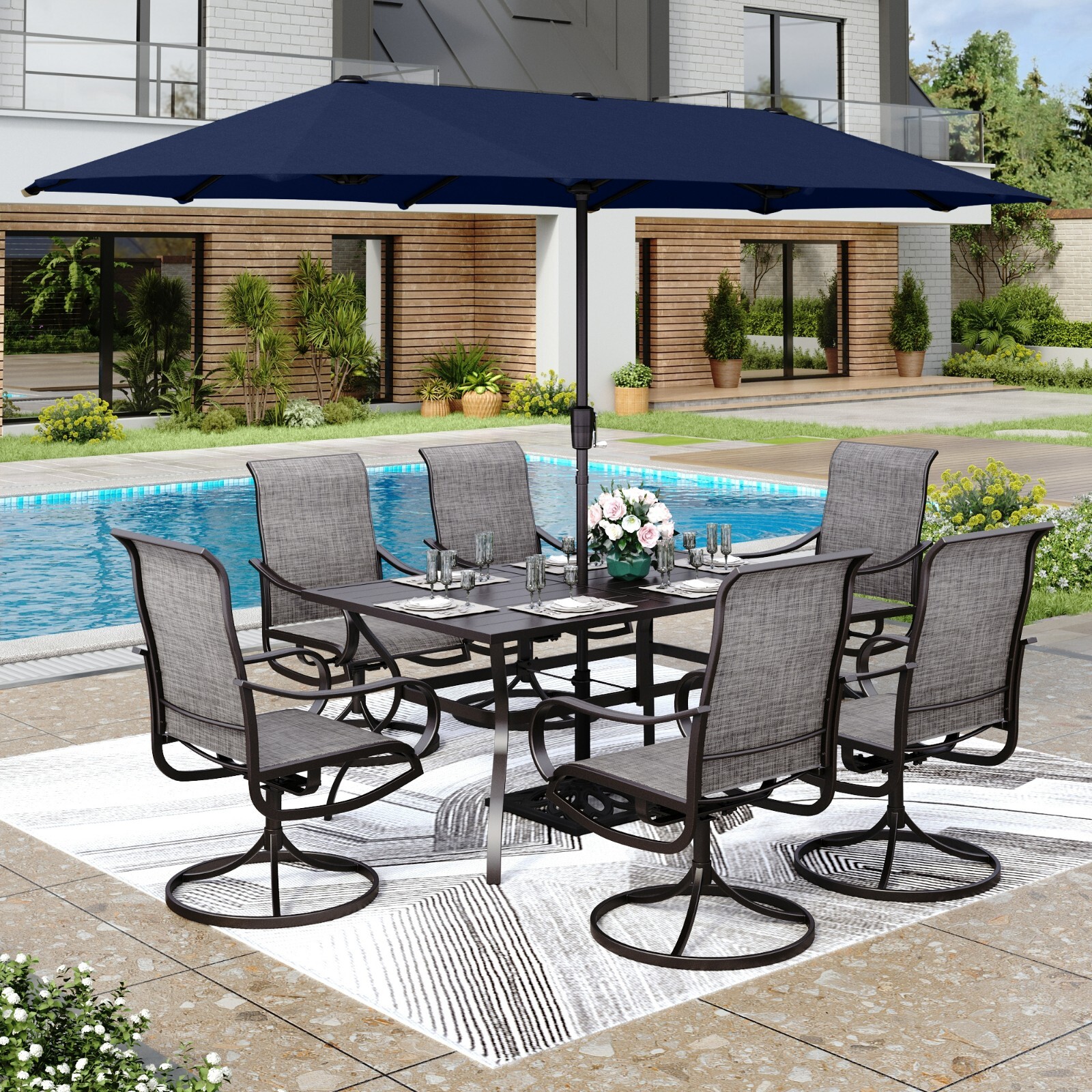 8 PCS Outdoor Dining Set Patio Furniture Metal Table and Chairs Set W/ Umbrella