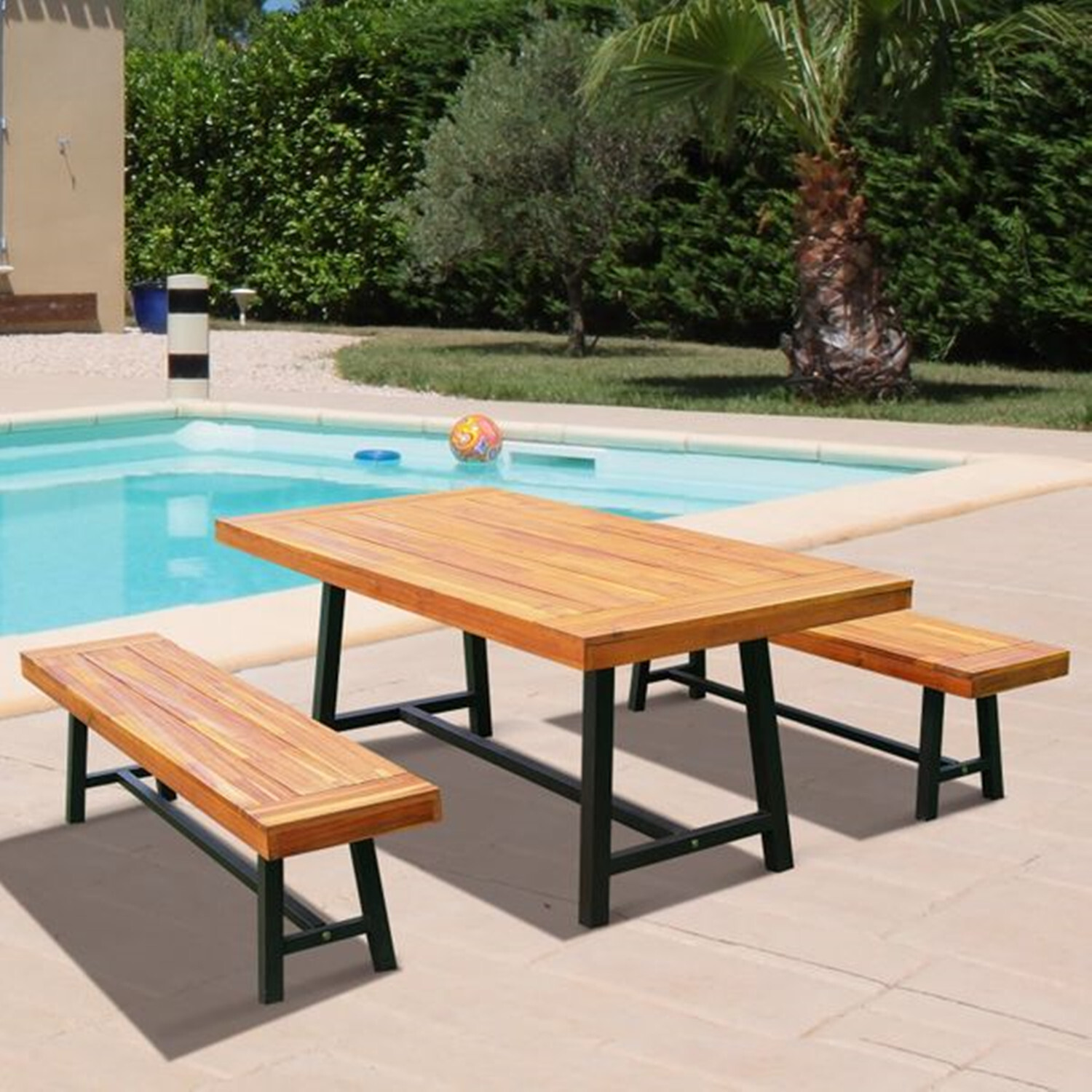 3Pcs Patio Dining Set Outdoor Dining Table & Bench Chair Set Acacia Wood Chairs