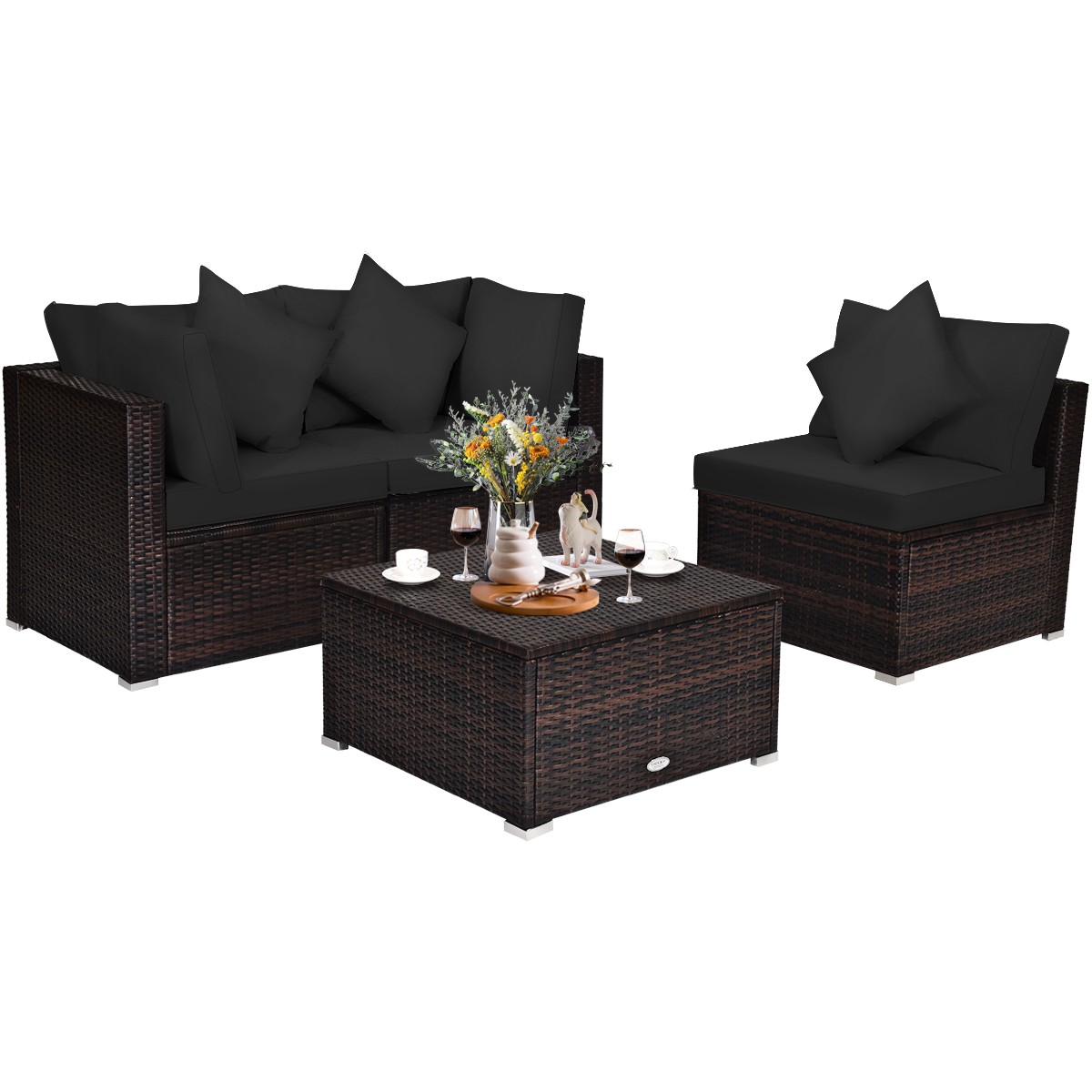 Patiojoy Outdoor 4PCS Rattan Furniture Set Sofa Ottoman Cushion Garden Deck