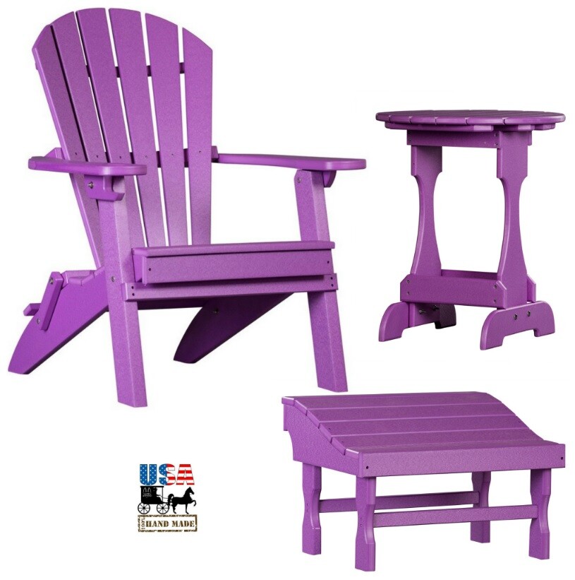 3pc 4 SEASON PURPLE ADIRONDACK SET Folding Chair Ottoman & Candy Table AMISH USA