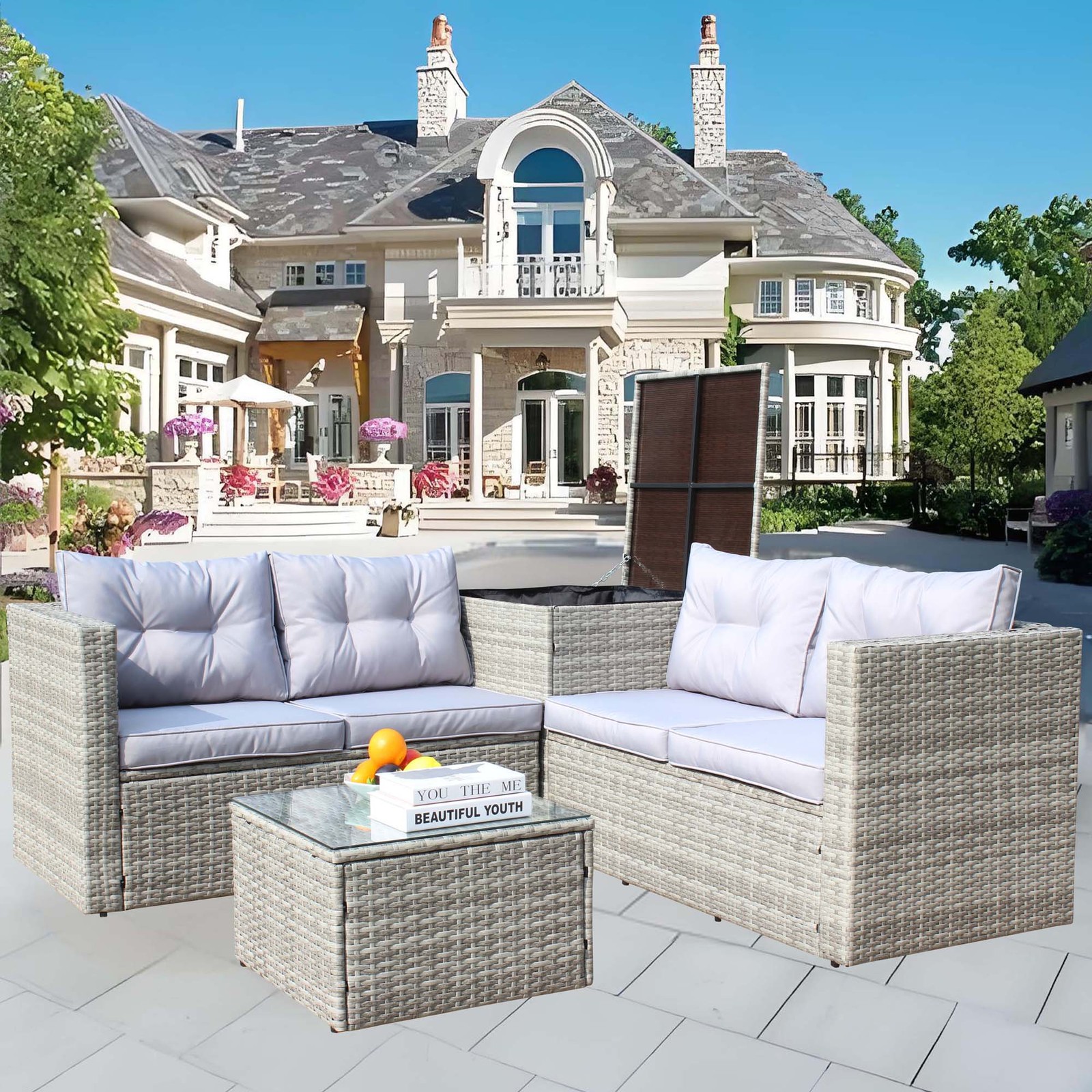 FUNIDEE 4-Piece Outdoor Patio Furniture Conversation Set with Storage Box Grey
