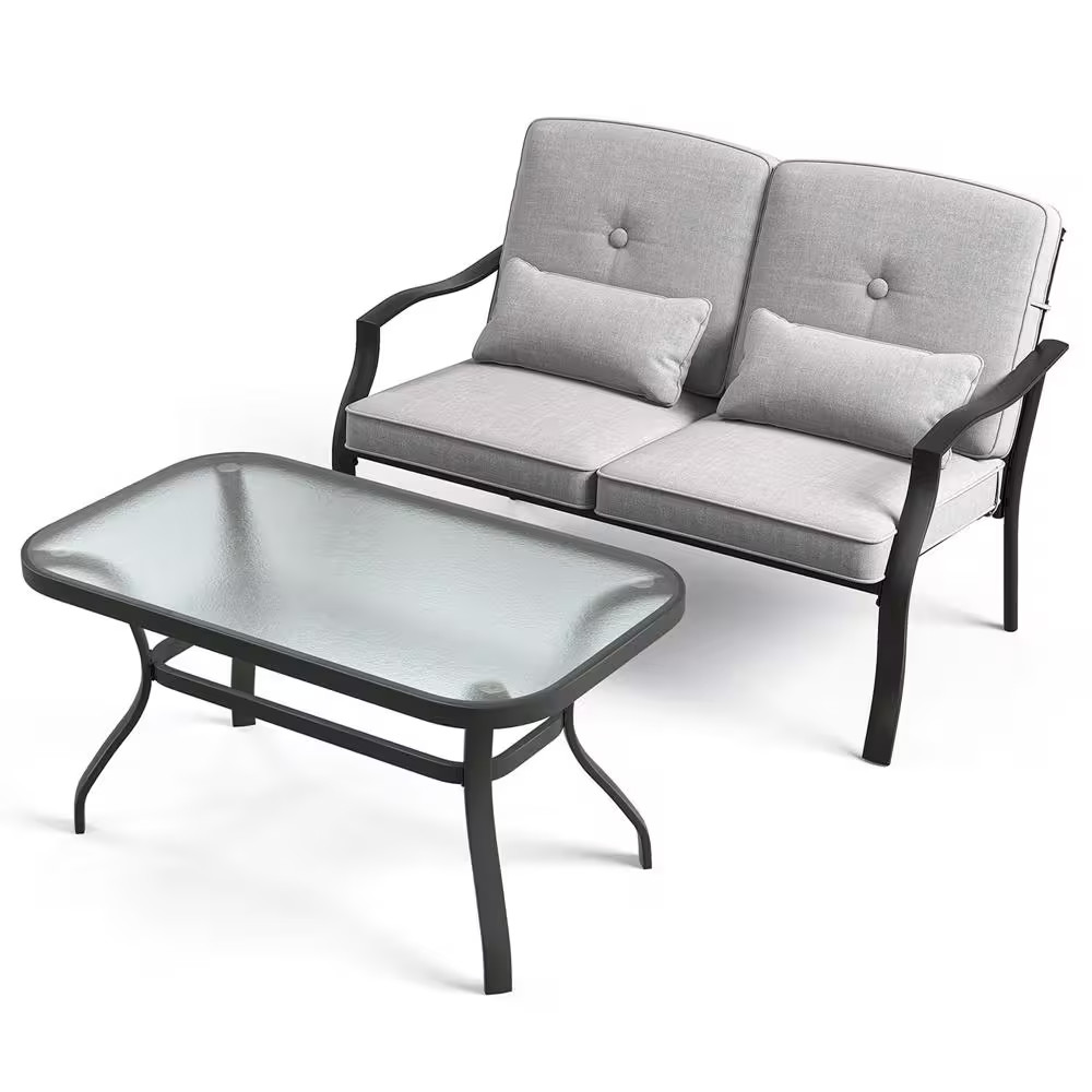 2-Piece Metal Outdoor Loveseat Set with Gray Cushions and Tempered Glass Top Tab
