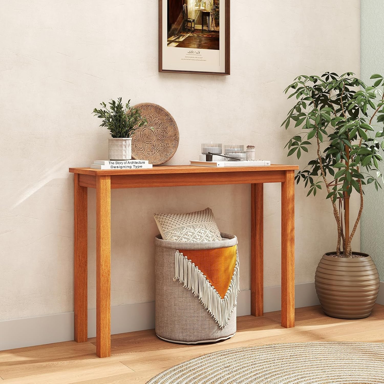 Narrow Outdoor Dining Table Solid Wood Furniture Patio Console Table W/ Slatted