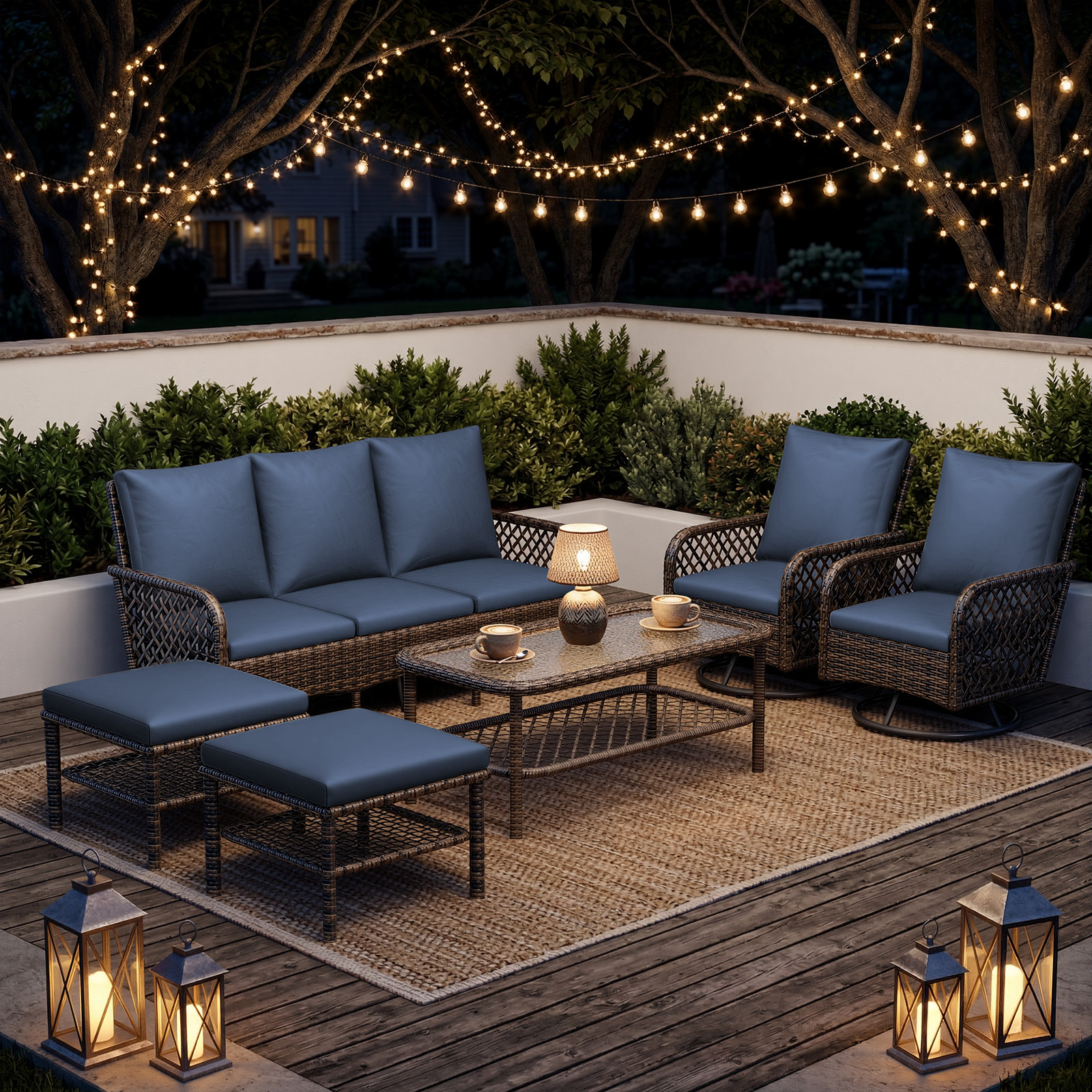 7-Piece Outdoor Patio Sectional Sofa Set w/ Swivel Rocker Chairs Ottoman & Table