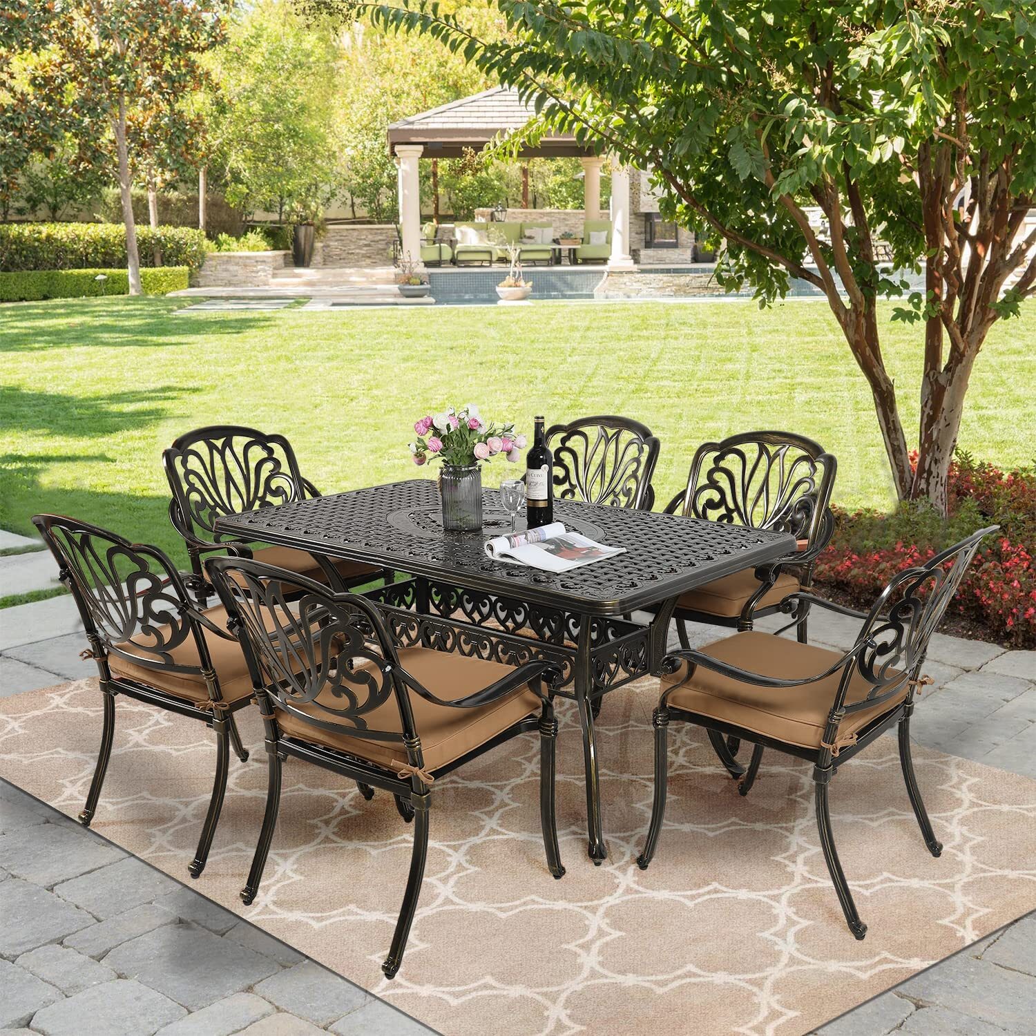 7PCS Outdoor Dining Patio Table Furniture Set Table w/Umbrella Hole 6 Chairs