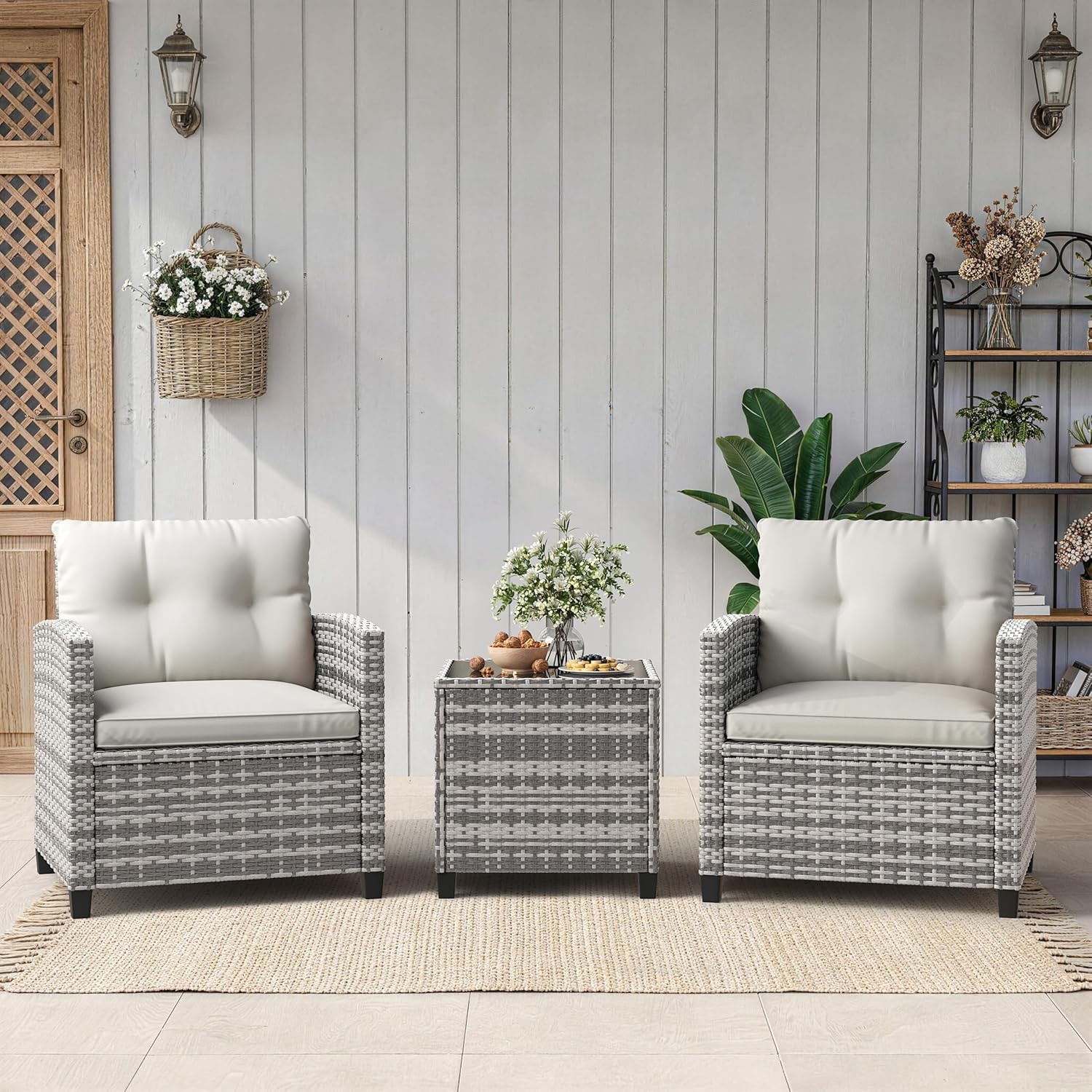 3 PCS Patio Furniture Set Outdoor Paded Rattan Wicker Sofa Chair w/ Coffee Table