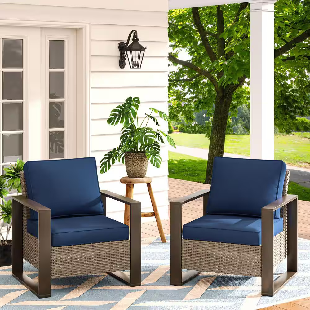 2-Piece Patio Wicker Outdoor Lounge Chair with Metal Frame and Dark Blue Cushion