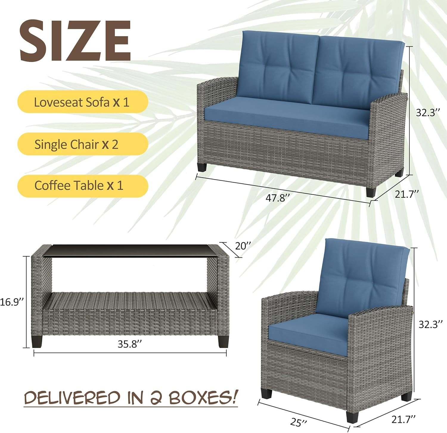 4 Piece Patio Furniture Set, Outdoor Rattan Conversation Set with Coffee Table,